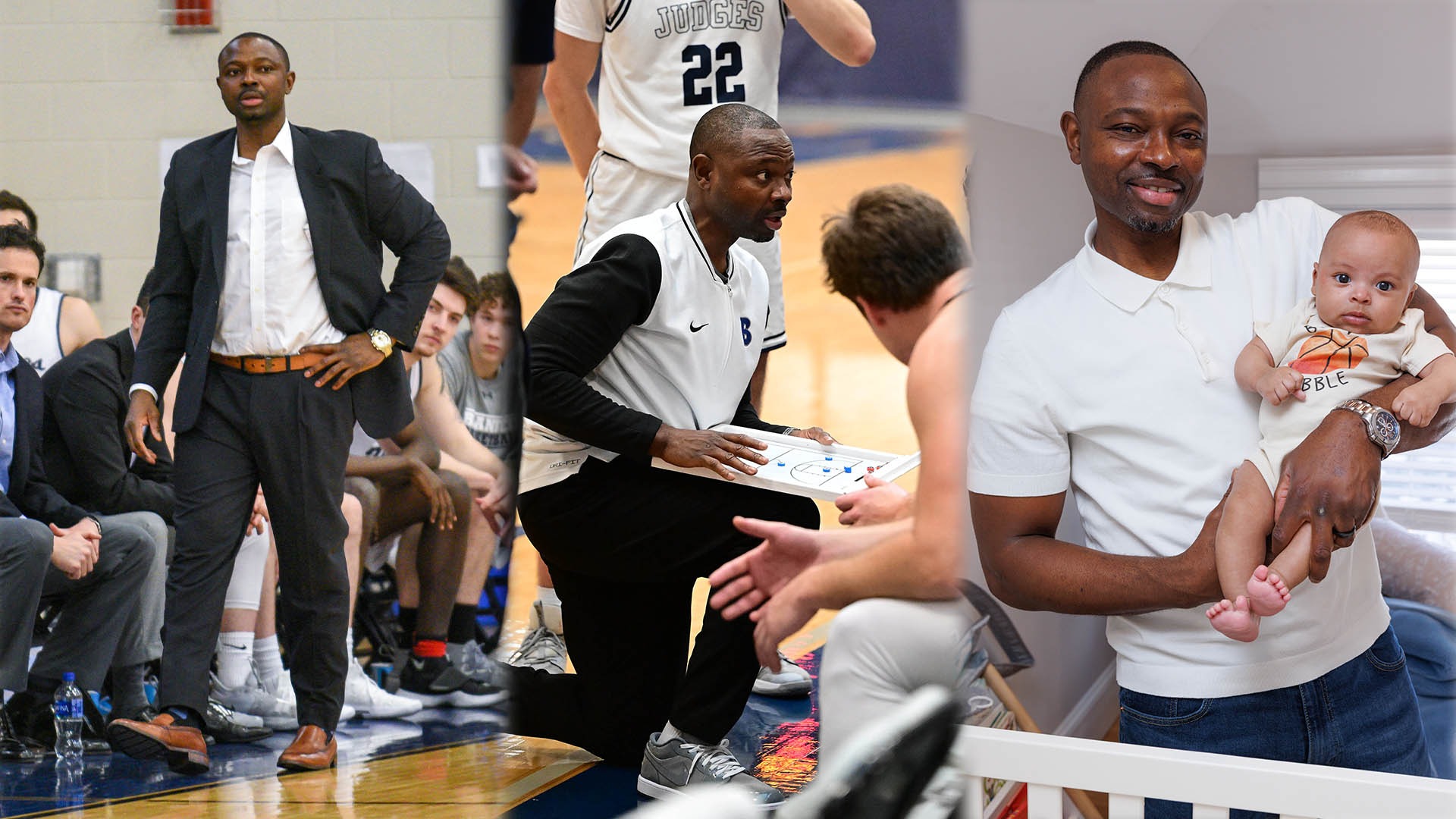 LEFT and CENTER: Jean Bean on the sidelines coaching the Judges; RIGHT: Jean Bain holding his son, Maximus