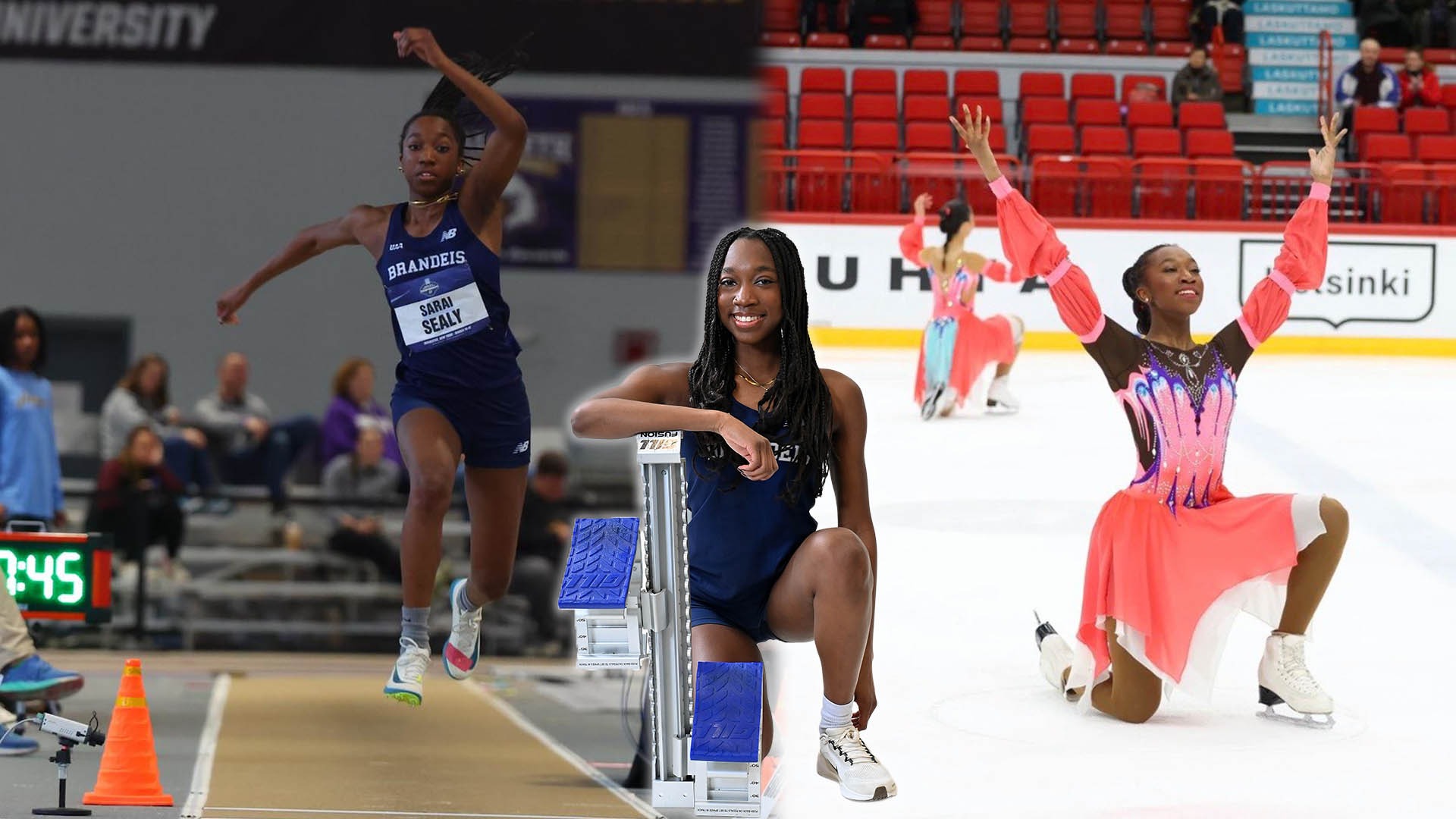 LEFT: Sarai Sealy in mid-air during the triple jump; CENTER: Sarai kneeling with her starting blocks in a pose for the camera; RIGHT: Sarai with her arms over her head, kneeling on the ice at the end of a skating competition