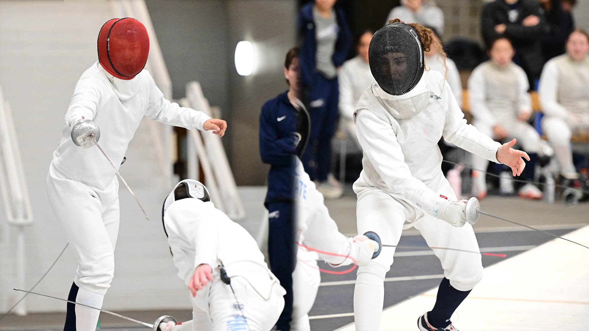 LEFT: Zichun Wang fences an opponent in the epee in his red mask; RIGHT: Ella Richards parries an opponent in the foil