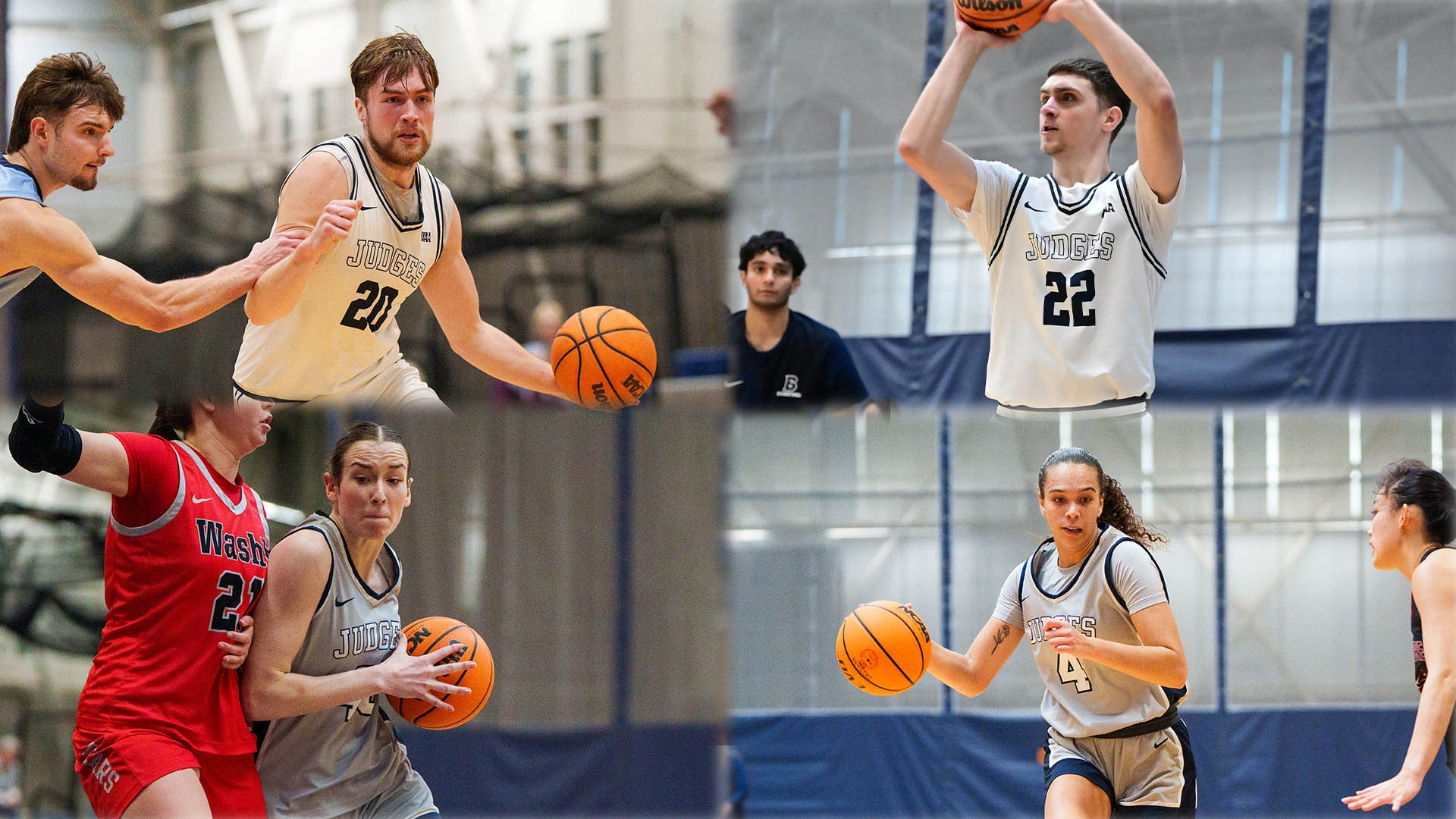 Four images of Brandeis Basketball players - two men, two women - during their games