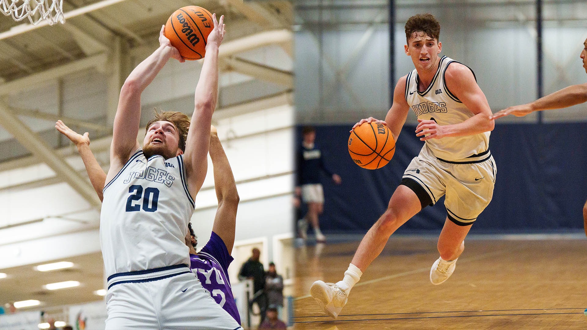LEFT: Elias Rodl going to the hoop with a basketball in his hands and a defender on his back; RIGHT: Alex Zakheim dribbling a basketball near midcourt during a game