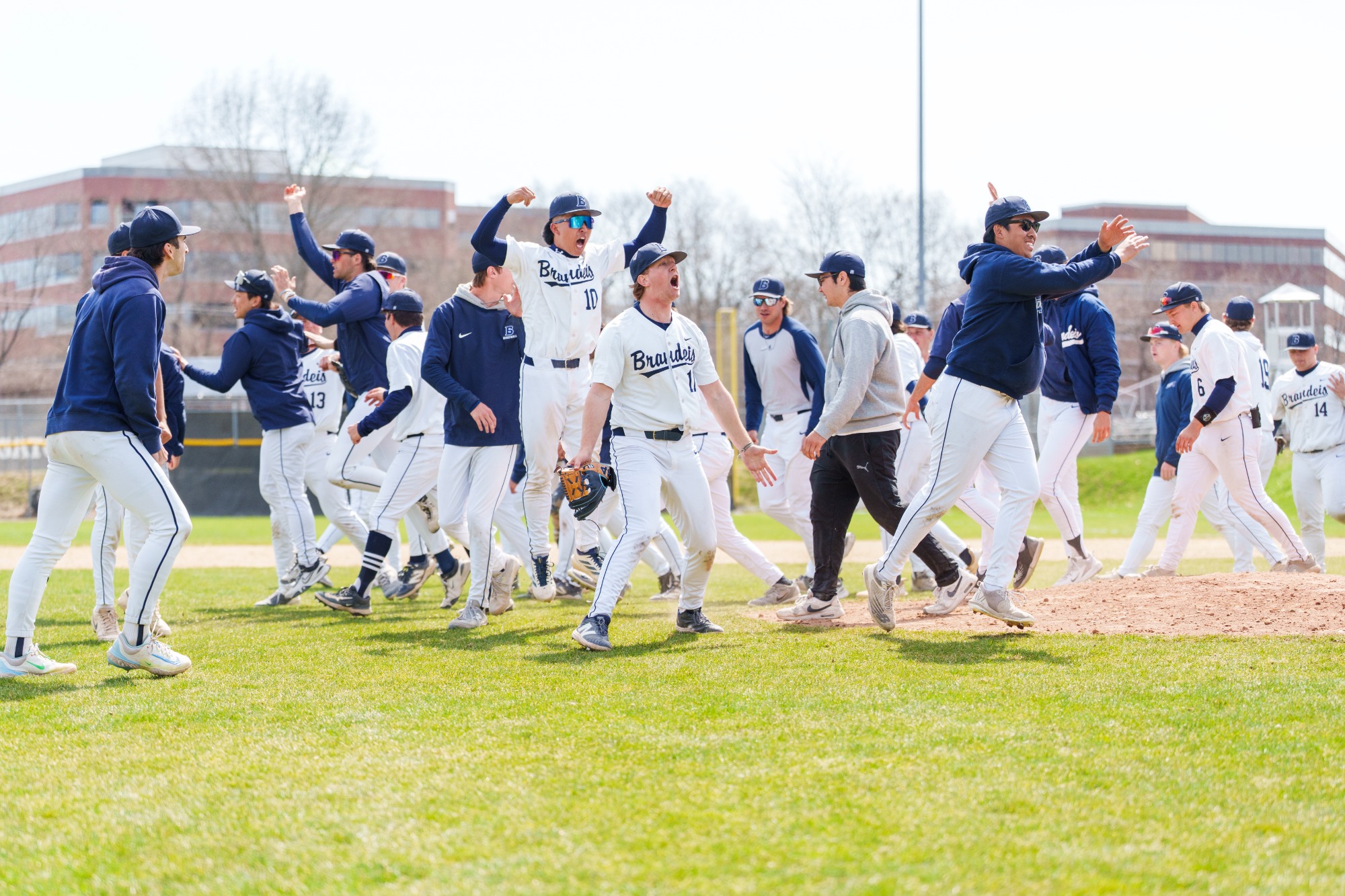 Brandeis baseball celebrates their game and series win over NYU.