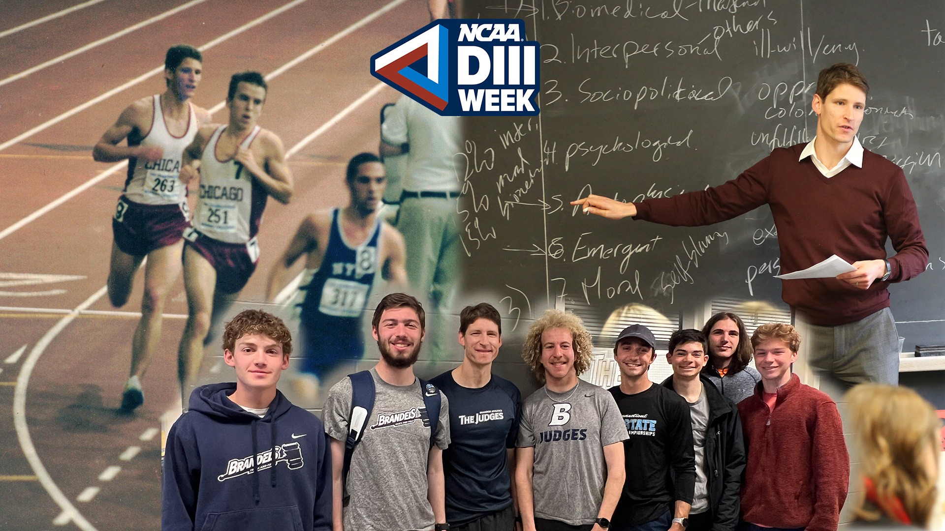 LEFT, Jerome Tharaud running a race at Brandeis during his collegiate days; RIGHT, Tharaud teaching an English class; CENTER, Tharaud poses with the Brandeis men's cross country team