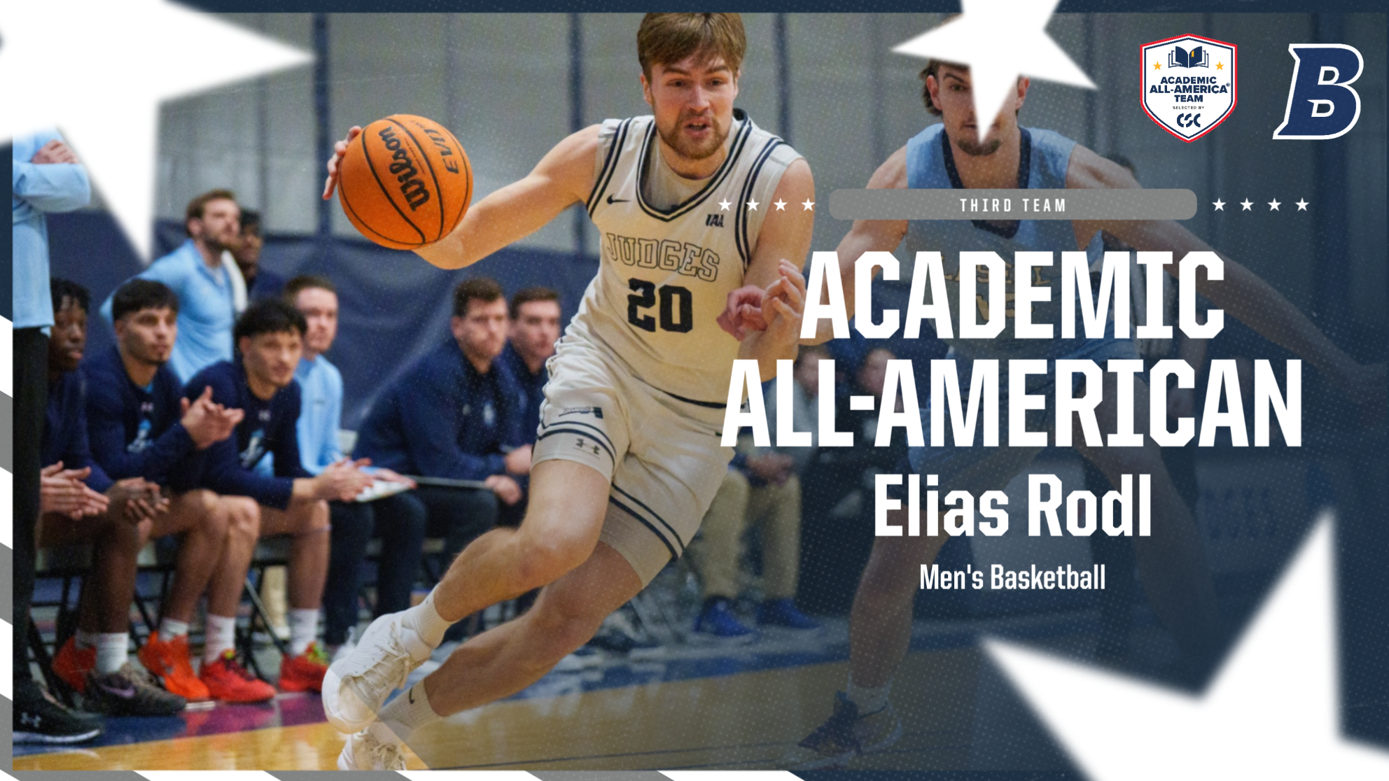 TEXT: Elias Rodl, Third Team CSC Academic All-American: IMAGE: Elias Rodl dribbling a basketball during a game
