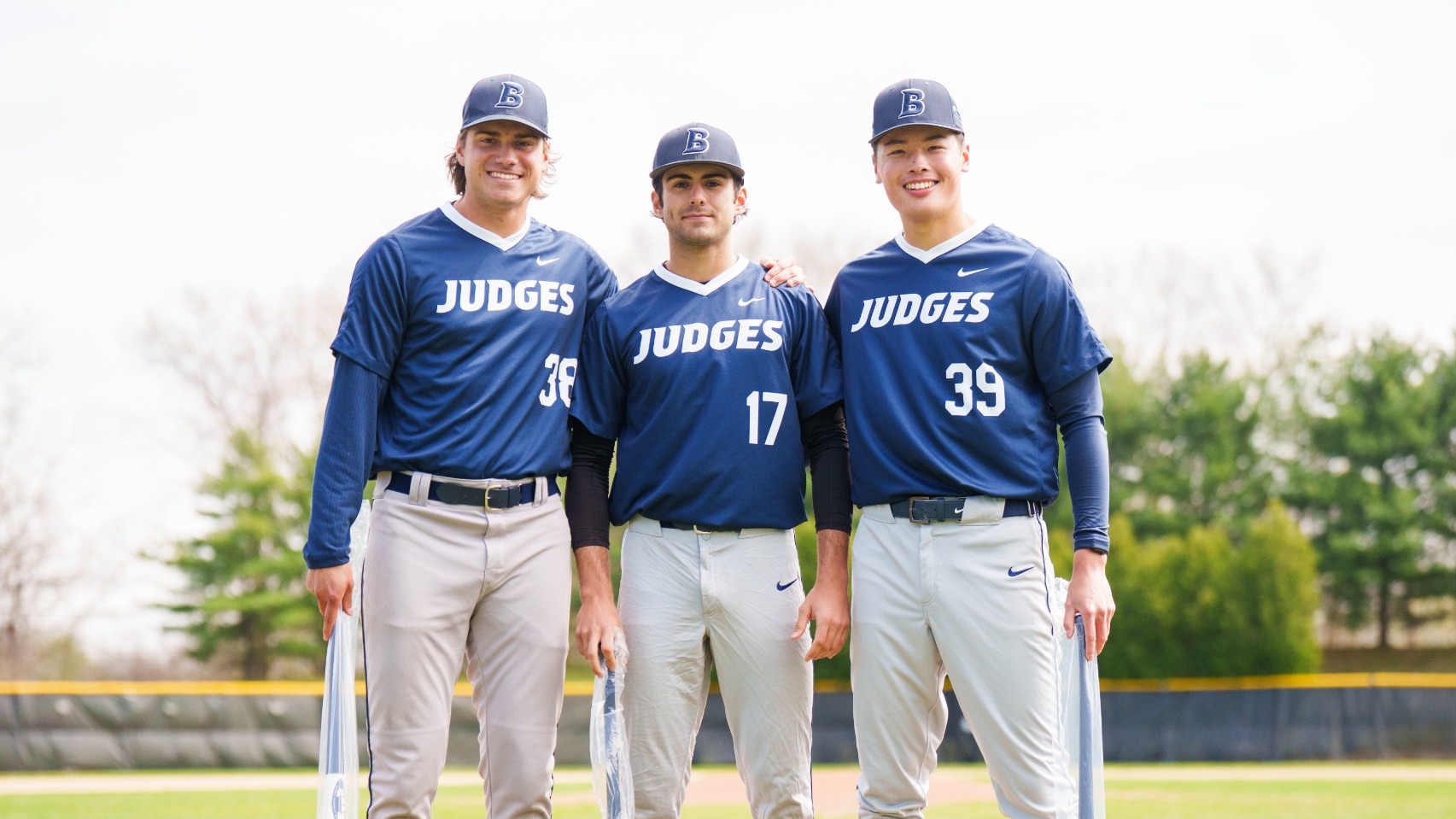 Three Brandeis baseball players were honored for today's game: l. to r., Jacob Maurer, Cooper Gavin, Malcolm Hsu
