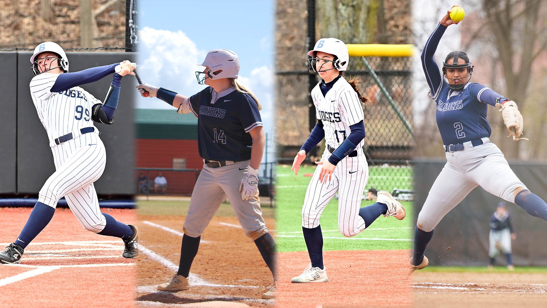 LEFT TO RIGHT: Jordan Wallace following through with a swing; Brooke Boehmer pointing her bat at an opponent; Erin Hunt running to second base; Ragini Kannan throwing a pitch