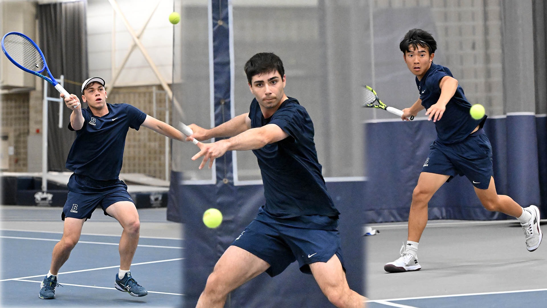 Three Brandeis men's tennis players in action
