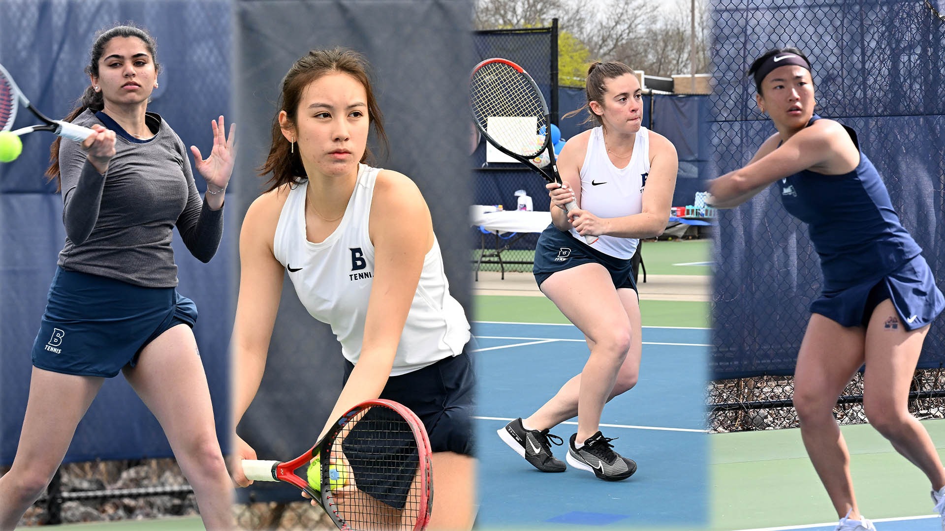 Four images of Brandeis women's tennis players in action