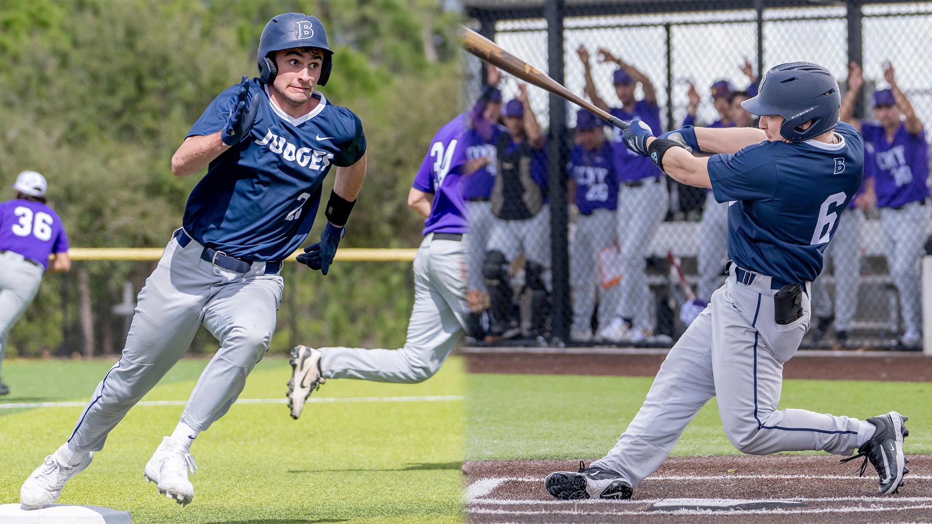 LEFT: Danny Tambascia rounding third during a baseball game; RIGHT: Ben Kuja swinging his bat during a game