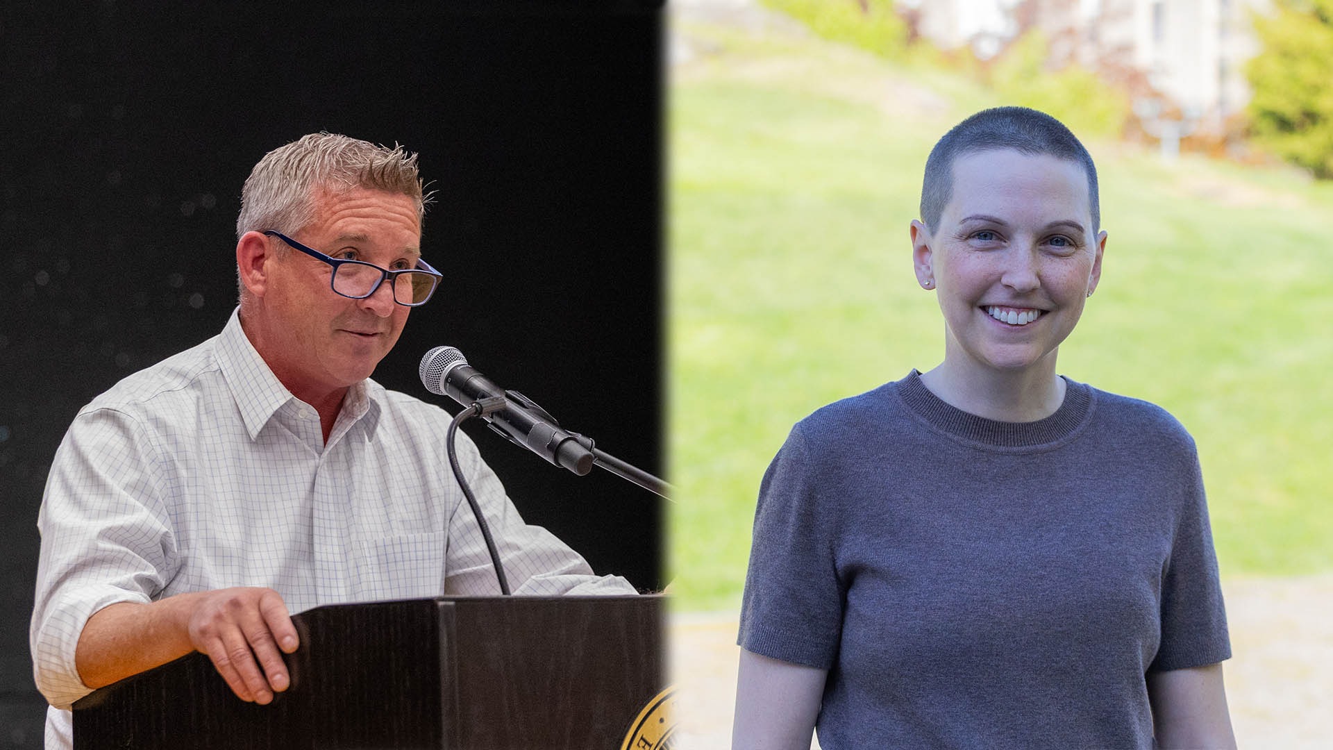 LEFT: Derek Jenesky delivering a speech; RIGHT, Julie Mizraji posing outside