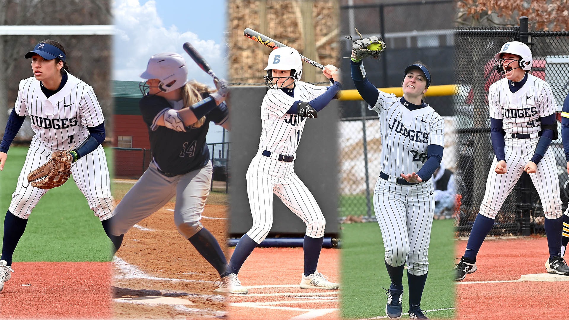 Five Brandeis softball players in uniform during a game