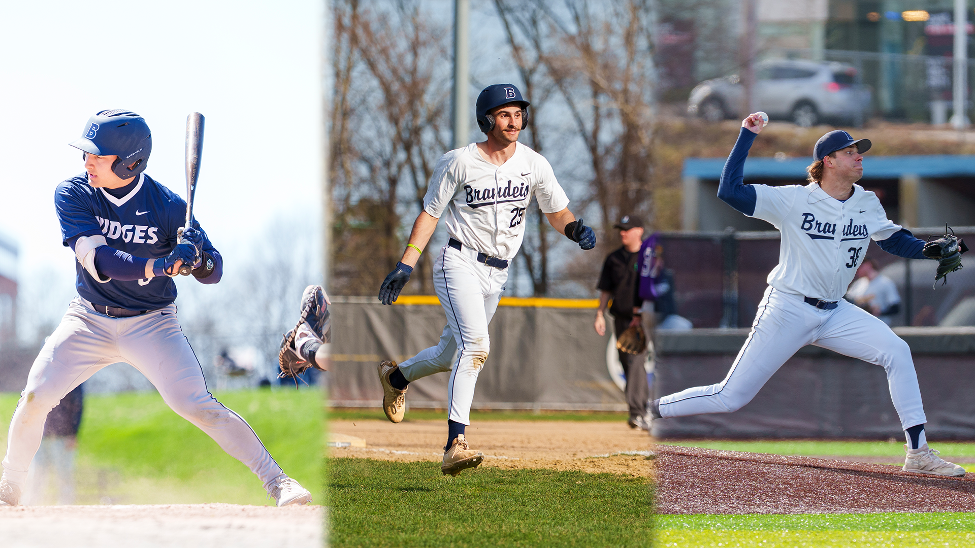 LEFT TO RIGHT: Ben Kuja at the plate with a bat in his hands; Danny Tambascia rounding third base; Jacob Maurer throwing a pitch from the baseball mound