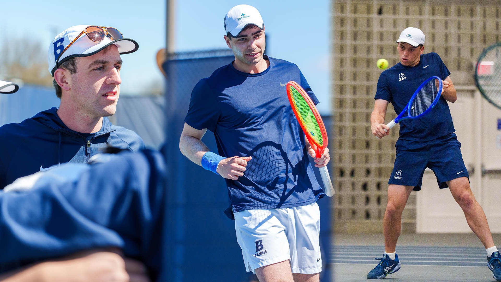 LEFT: Alan Dubrovsky closeup; CENTER: Daniel Shemesh pumping his fist after winning a point; RIGHT: Pierce Garbett hitting a return during a tennis match