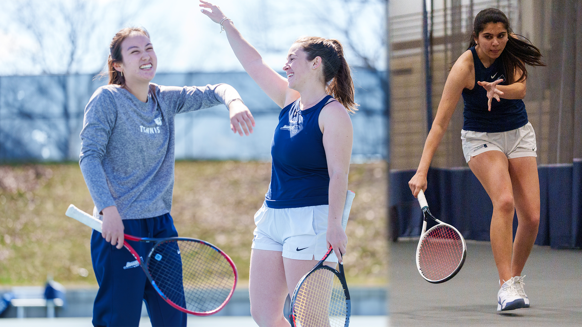 LEFT: Mandy Reyes and Rebecca Suarez high fiving and smiling; RIGHT: Chahana Budhbhatti hitting a return during a tennis match