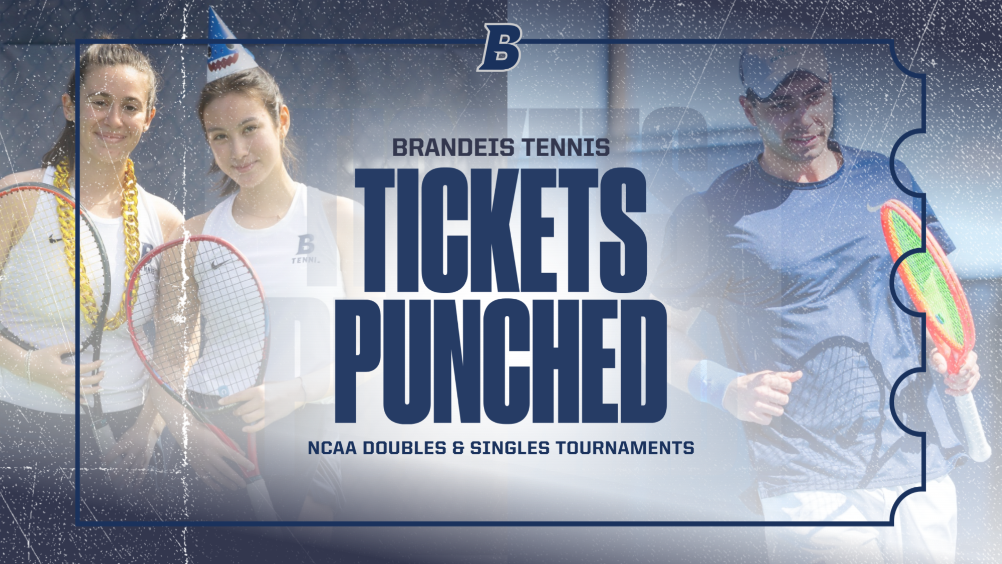 TEXT: Tickets Punched - NCAA Doubles and Singles Tournaments - IMAGES: Left, Mandy Reyes and Rebecca Suarez posing for the camera; Right, Daniel Shemesh pumping his fist after winning a point