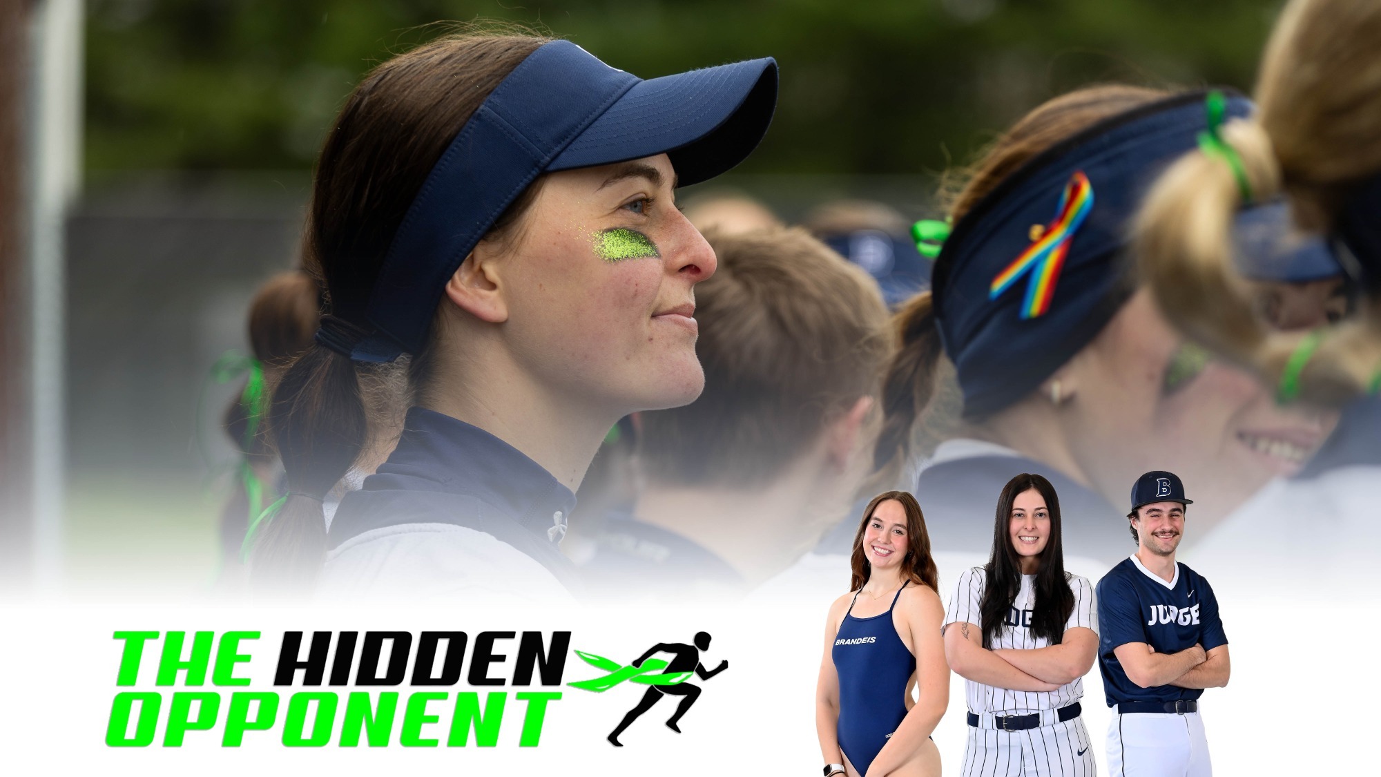 TEXT: The Hidden Opponent; MAIN IMAGE: Maddie Manes with green eye-black and a green ribbon in her hair; INSET: Posed photos of Hannah Waldron, Maddie Manes and Danny Tambascia