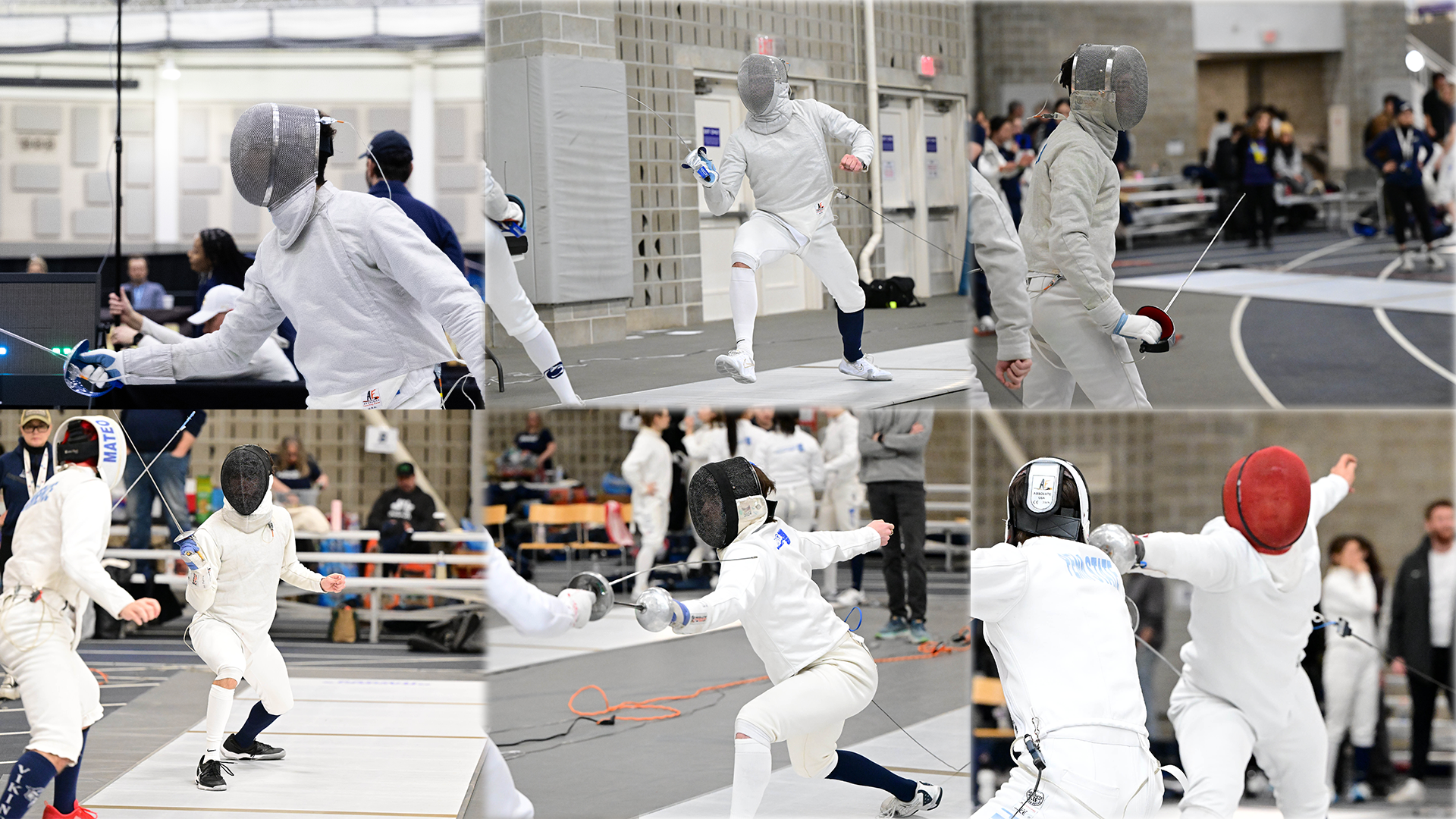 Six images of Brandeis fencers, arranged in two rows of three