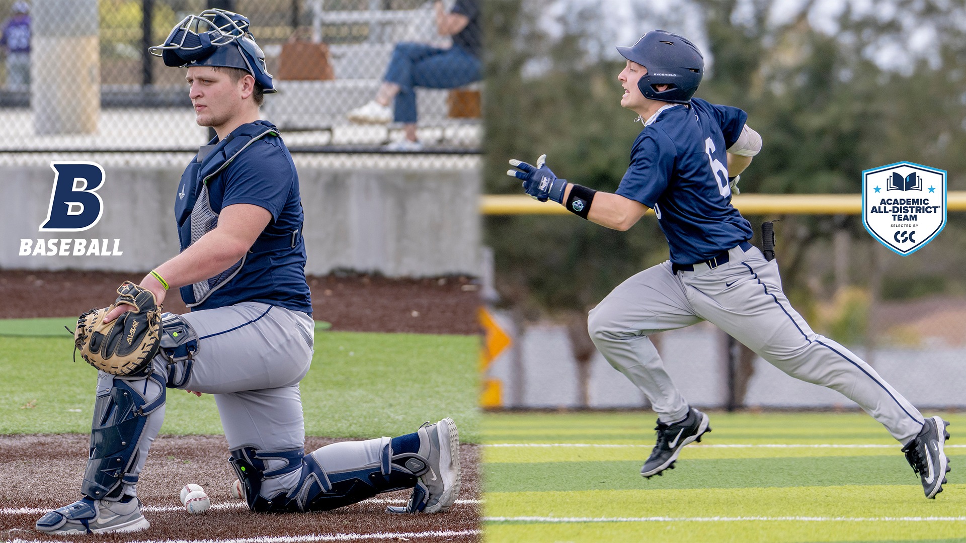 LEFT: Keith Lee in catcher's gear, kneeling; RIGHT: Ben Kuja running to second base during a baseball game