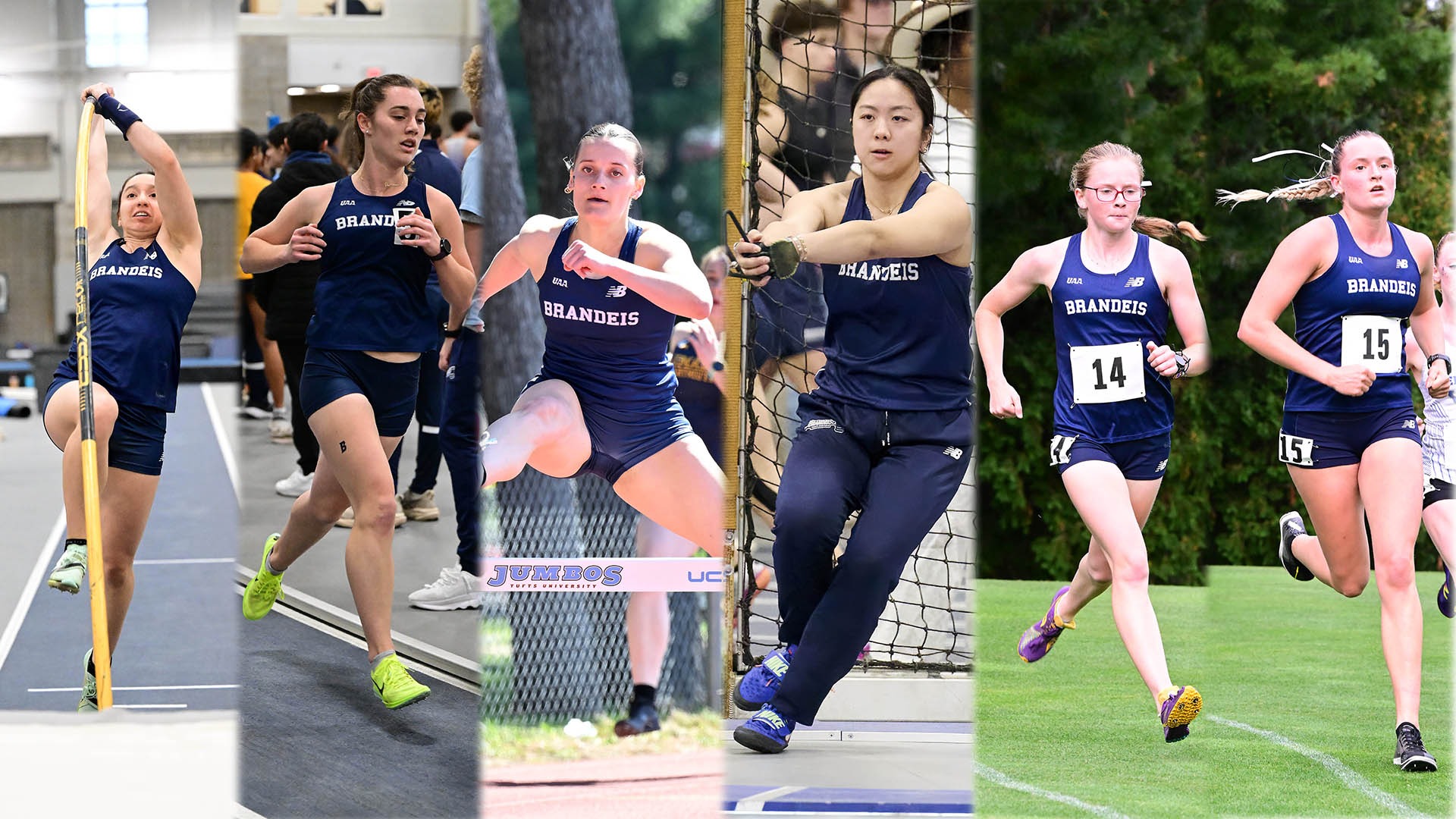 Six images of Brandeis women competing in their track and field events