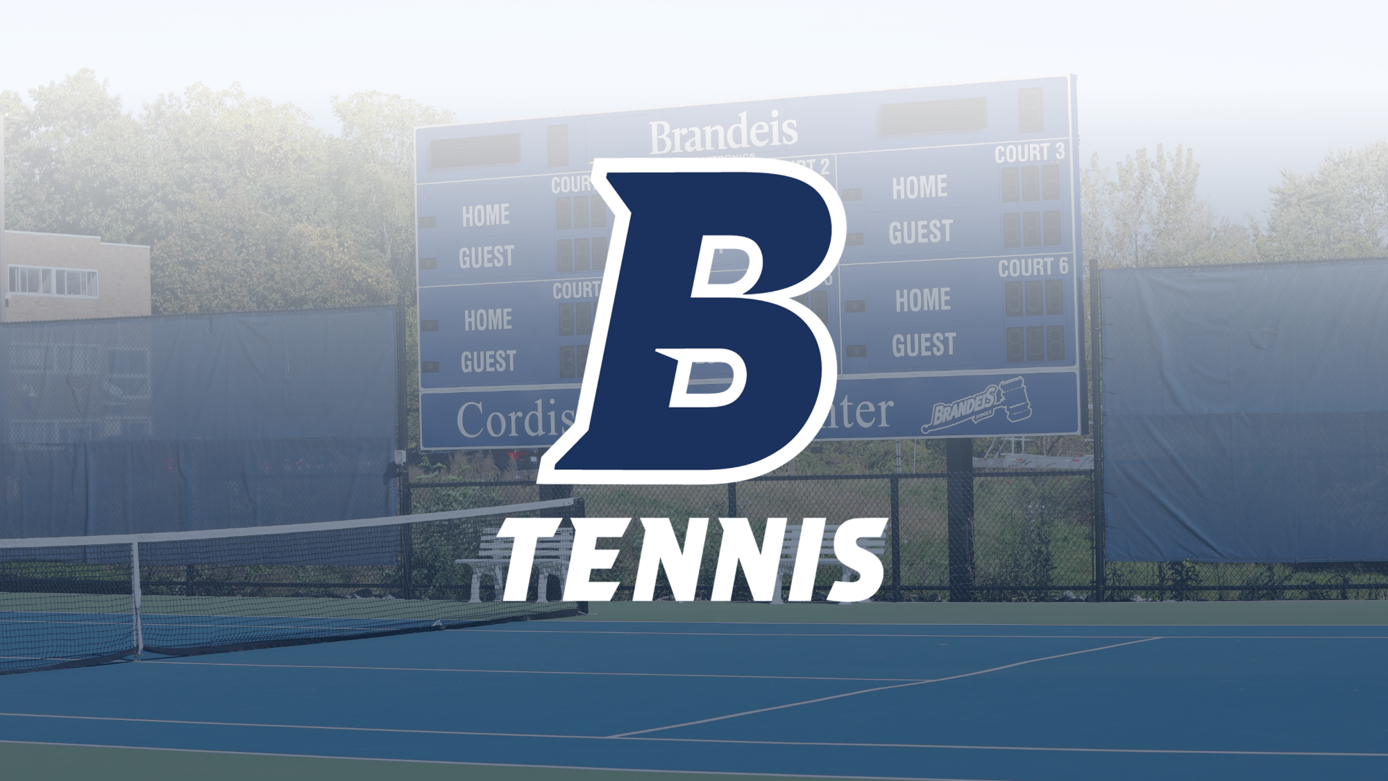TEXT: Brandeis Tennis; BACKGROUND IMAGE: Scoreboard at the Cordish Tennis Center