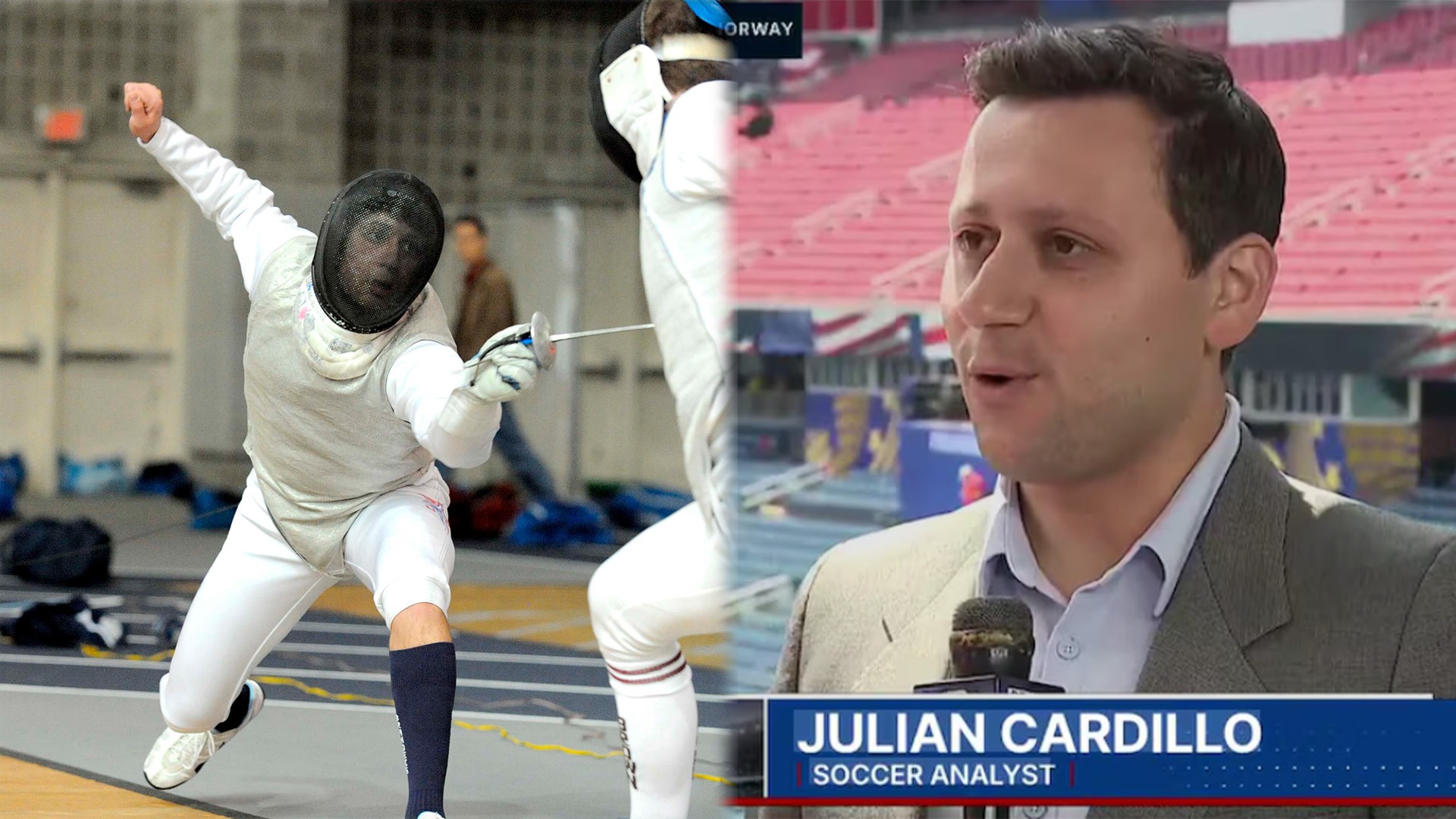 LEFT: Julian Cardillo during his Brandeis fencing days; RIGHT: Cardillo on screen for FOX 25