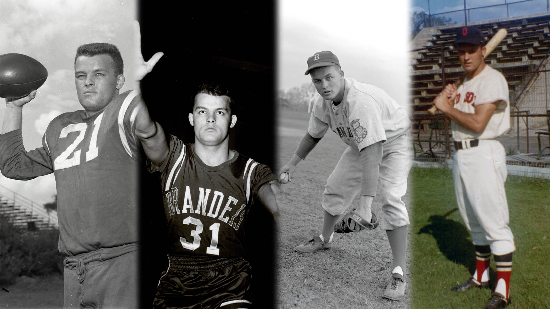 Dave Walker '60 in his three Brandeis uniforms - football, basketball, baseball - an in his Red Sox minor league jersey with a bat on his shoulder