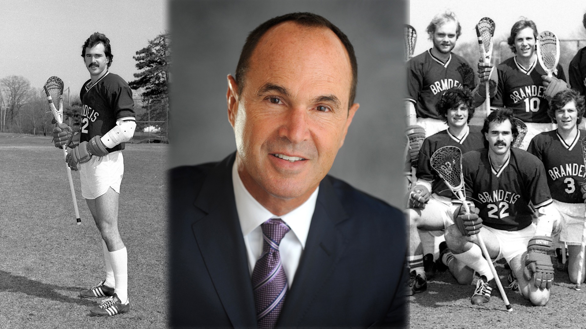 LEFT: Elliot Schwartz posing for a photo in 1982 in lacrosse uniform; CENTER: Current head shot of Elliot Schwartz; RIGHT: Schwartz kneeling in front of his teammates