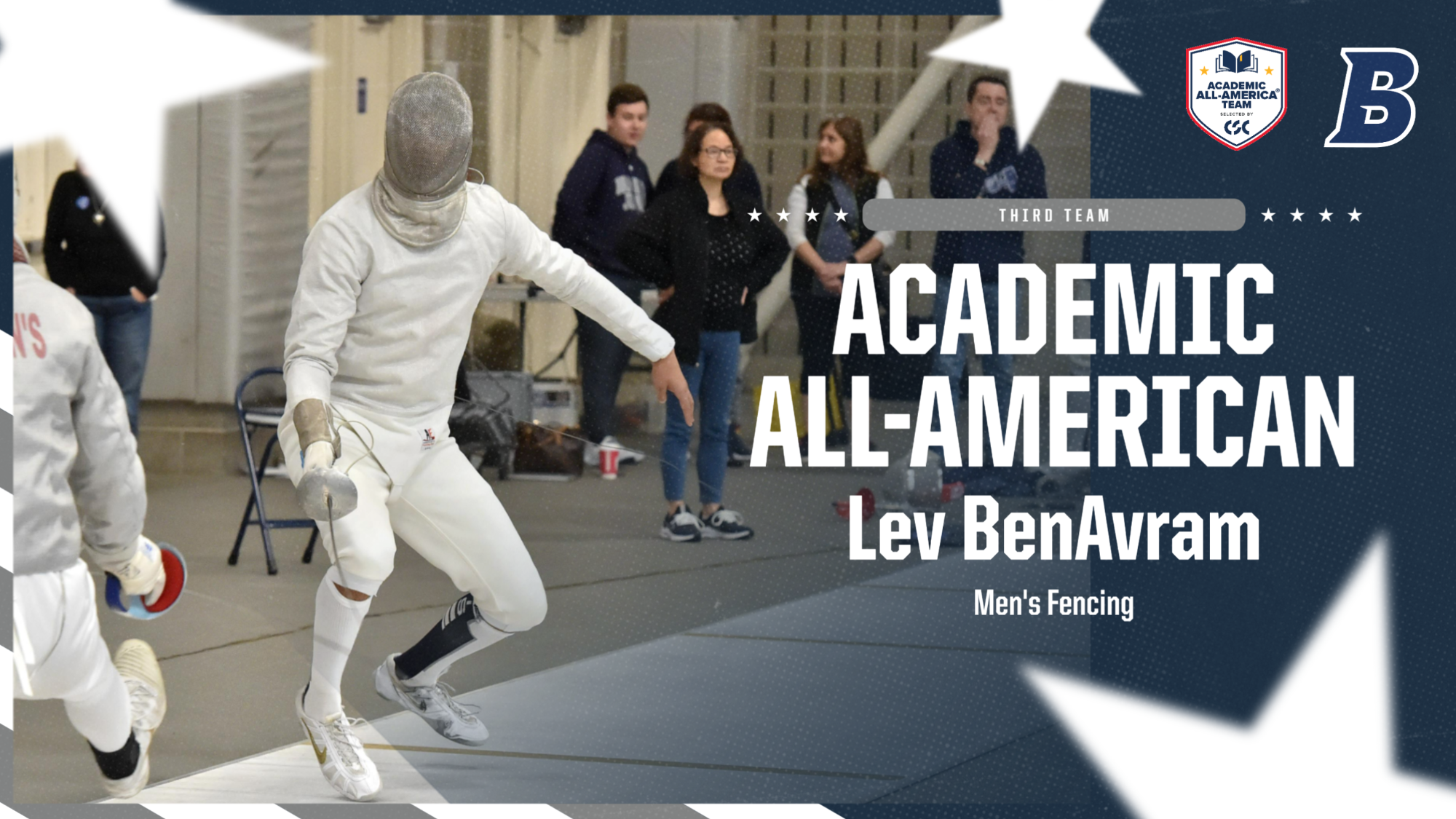 TEXT: Lev BenAvram, CSC Academic All-America third team; IMAGE: Lev BenAvram getting ready to fence a match