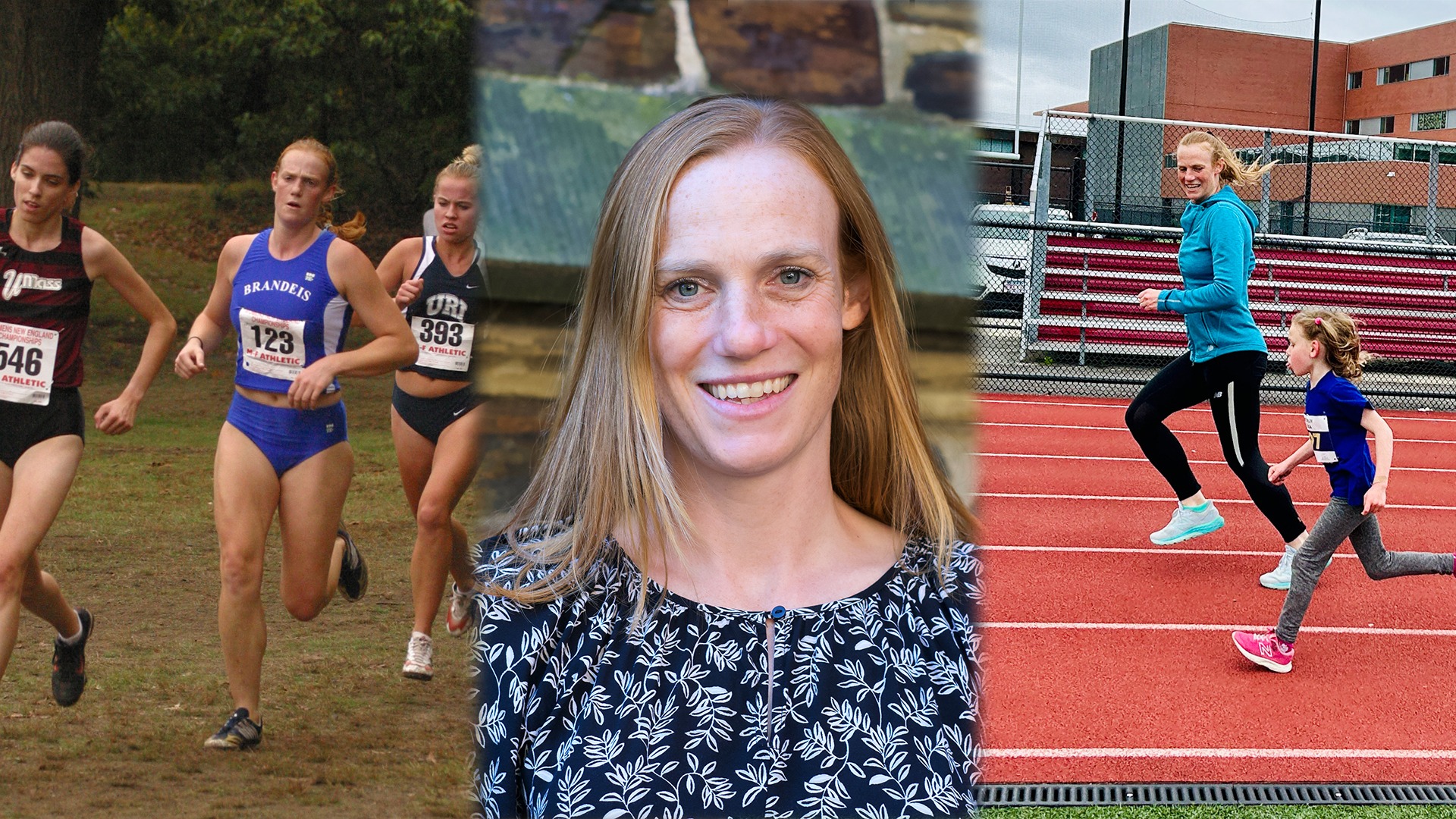 LEFT: Caitlin Malloy running a cross country race during her collegiate career; CENTER: Current head shot of Caitlin; RIGHT: Caitlin running with a young child who she coaches