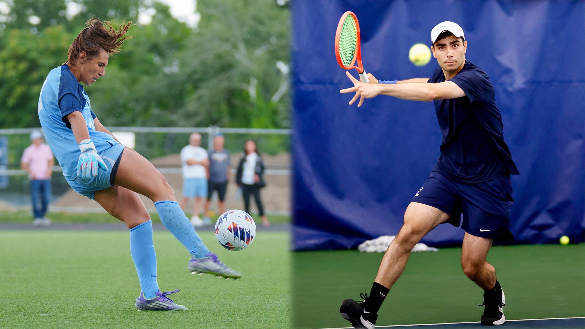 LEFT: Amaya Logan punting a soccer ball during a match; RIGHT: Daniel Shemesh hitting a tennis ball during a match