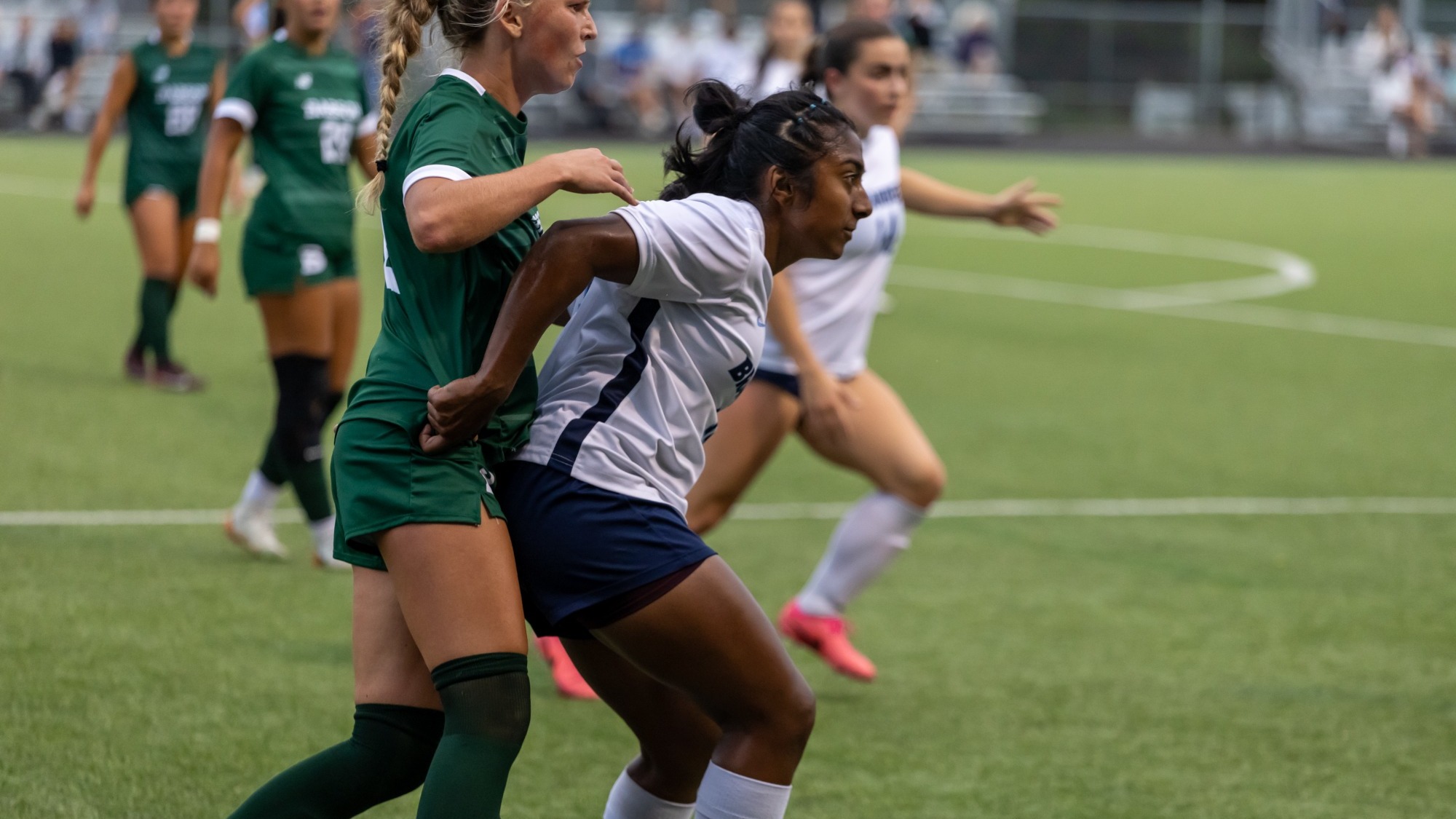 Tanvi Raju backs down her opponent during a soccer match