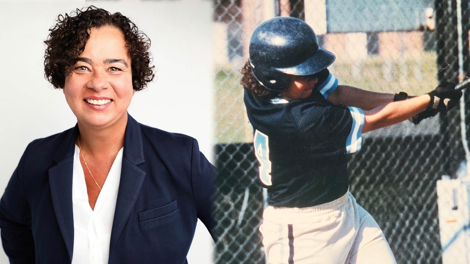 LEFT: Theresa Gomes today; RIGHT: Theresa Gomes in uniform, swinging at a pitch during a softball game