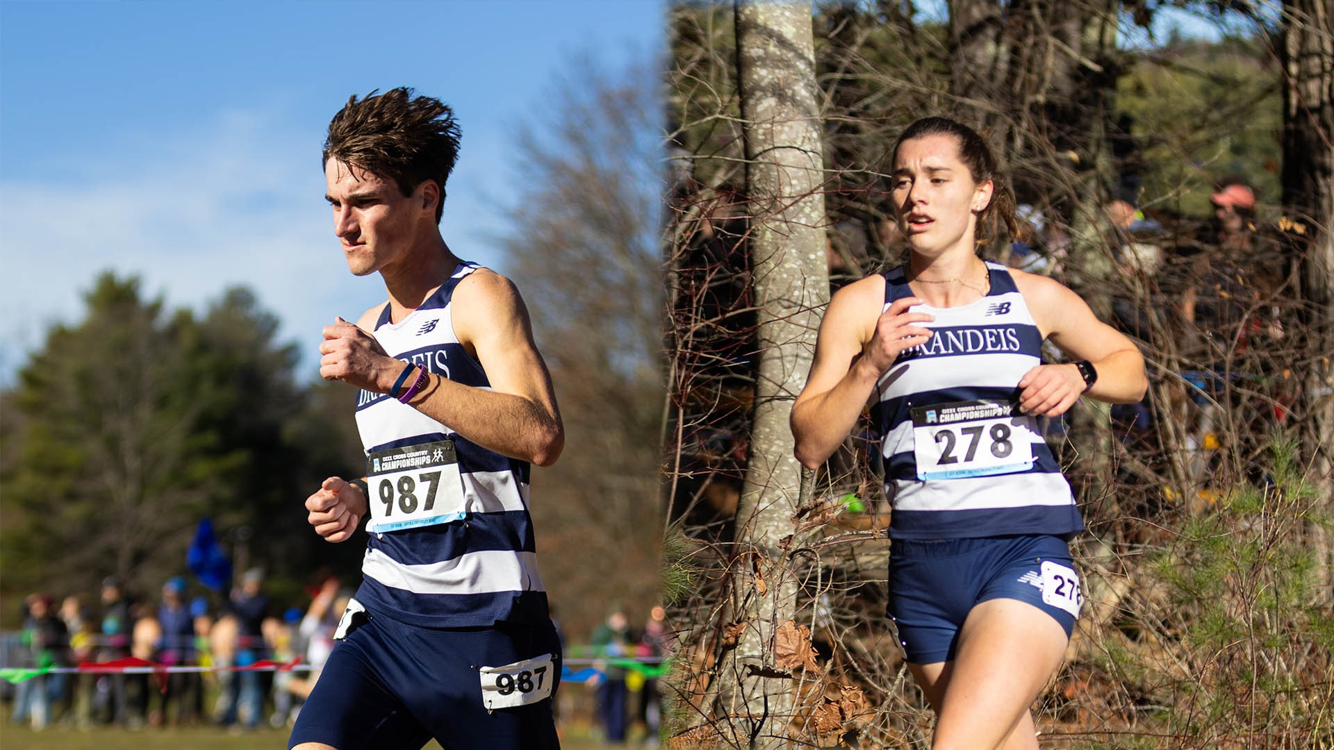 LEFT: Hugh Licklider running a cross country race; RIGHT: Sadie Harrow running a cross country race