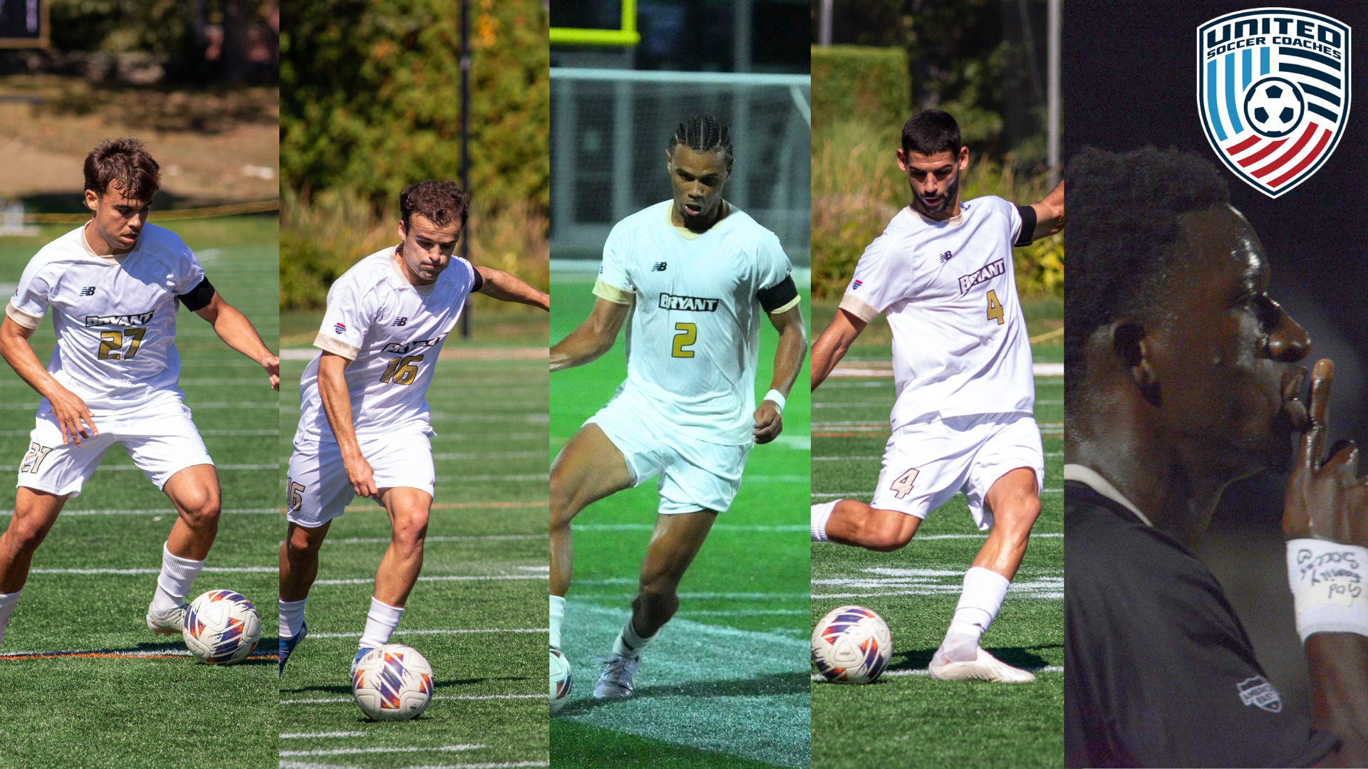 thumbnail featuring the united soccer coaches logo in the corner and the five recipients of the honors side by side