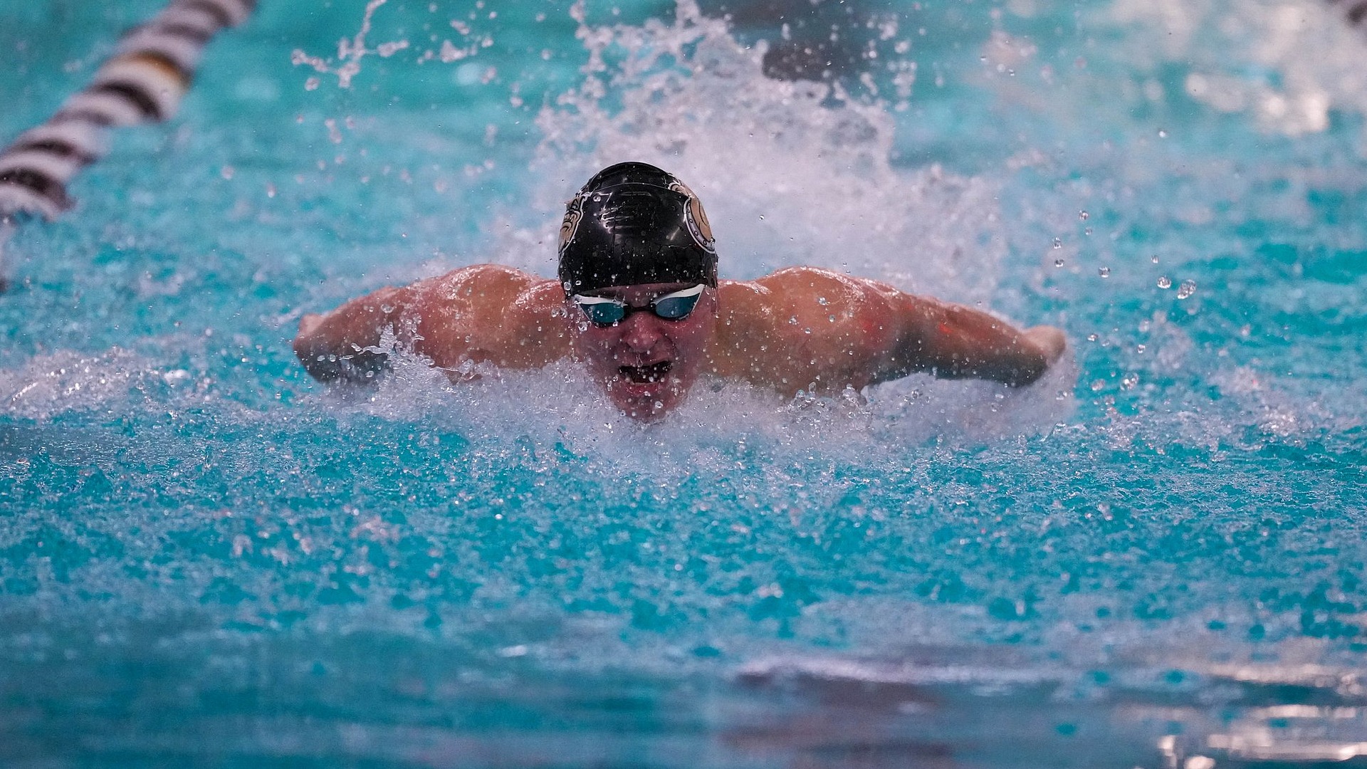 Bryant Swimmer doing the fly stroke at UMass Meet