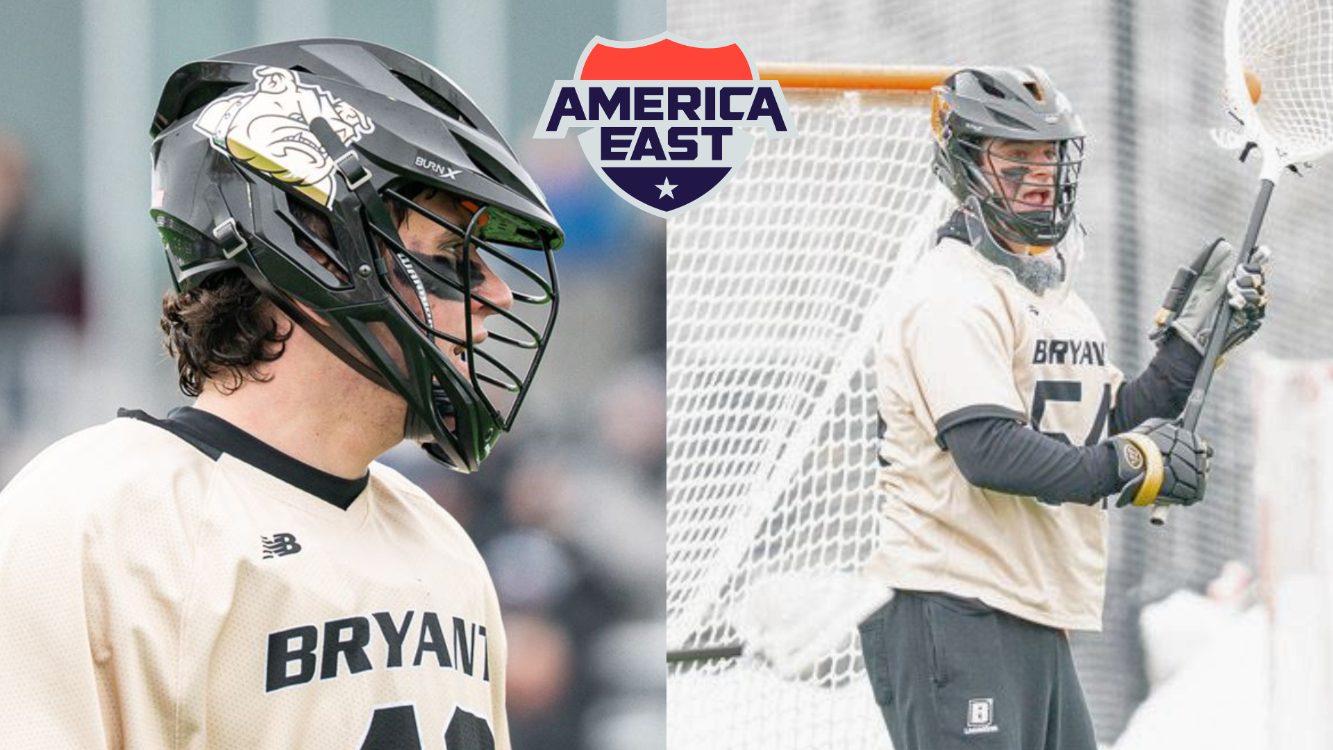 james carr and caden lennon in a thumbnail, america east logo in the background