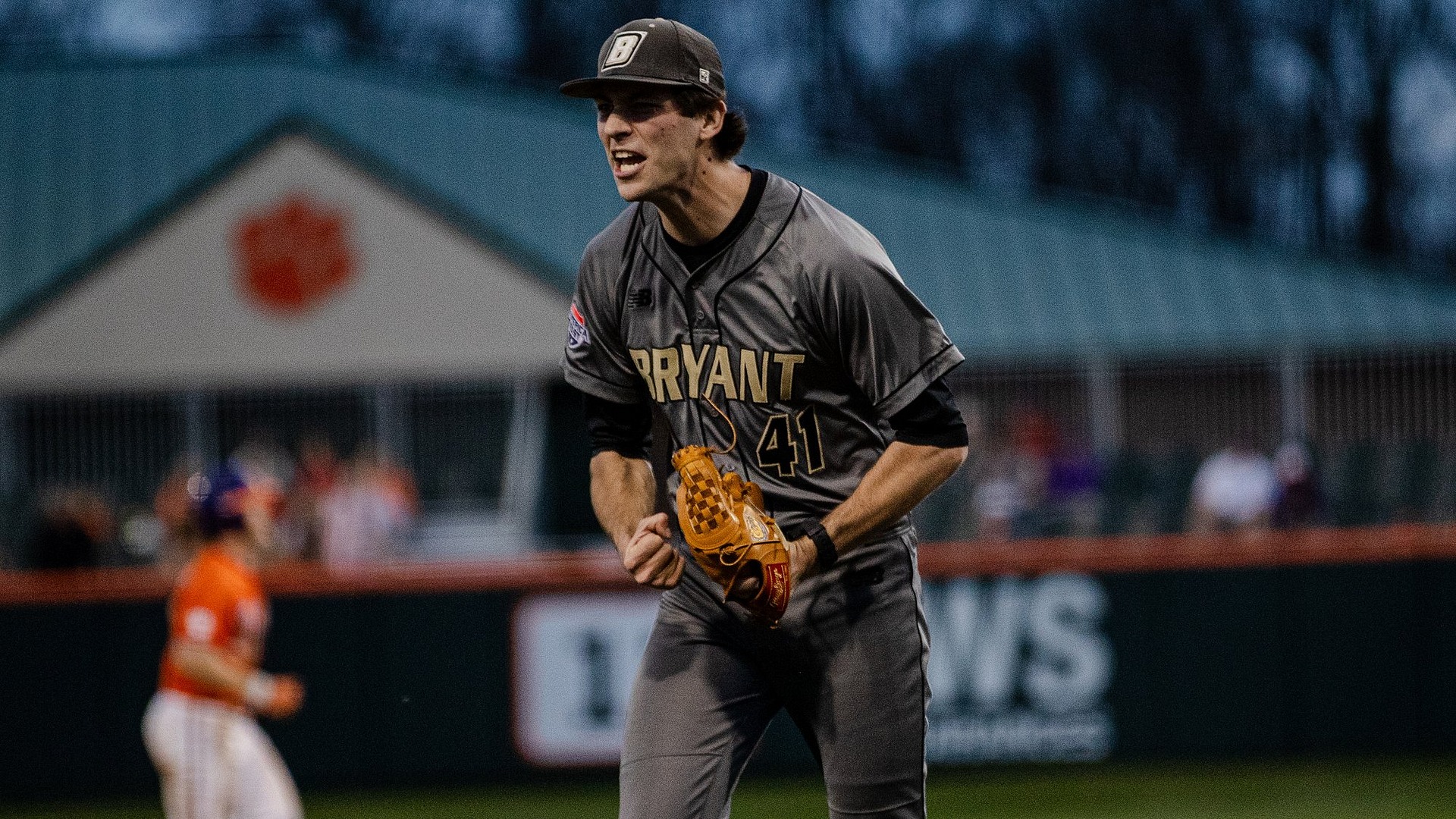 Landon White comes off the mound yelling at Clemson