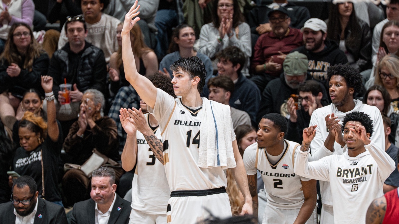 Keegan Harvey raises his hands up against NJIT