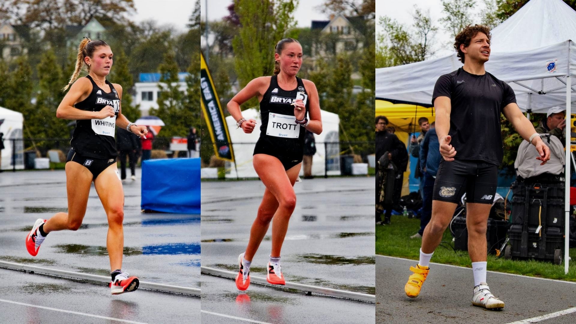 Collage of shots of Chloe, Jasmine and Aiden at the America East Outdoor Championship