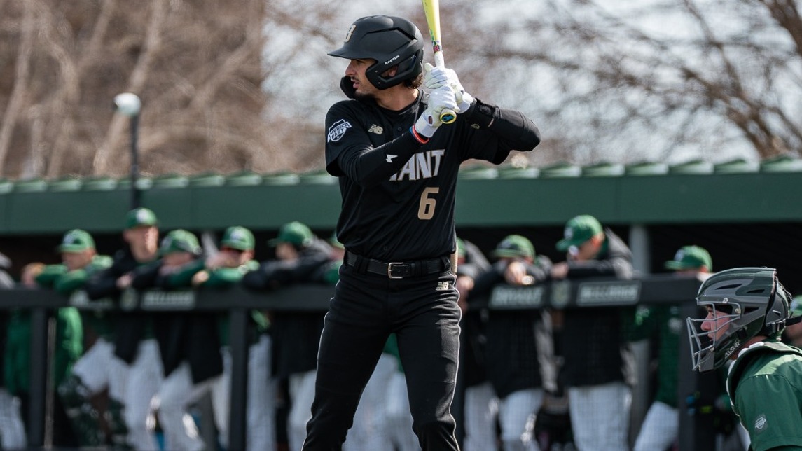 Casey Wensley stands at home awaiting a pitch vs Binghamton