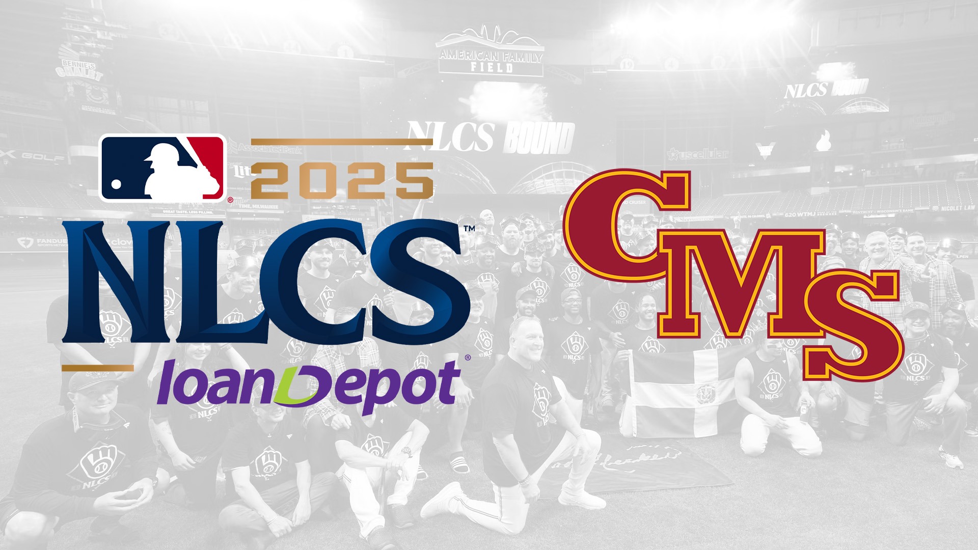 The NLCS logo and the CMS logo superimposed over the Brewers team shot