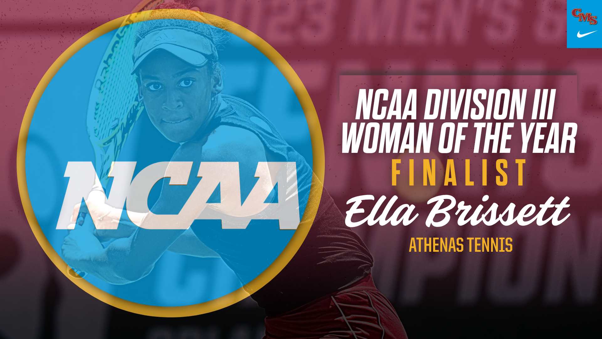 Ella Brissett action shot inside the NCAA logo with the words NCAA Division III Woman of the Year Finalist