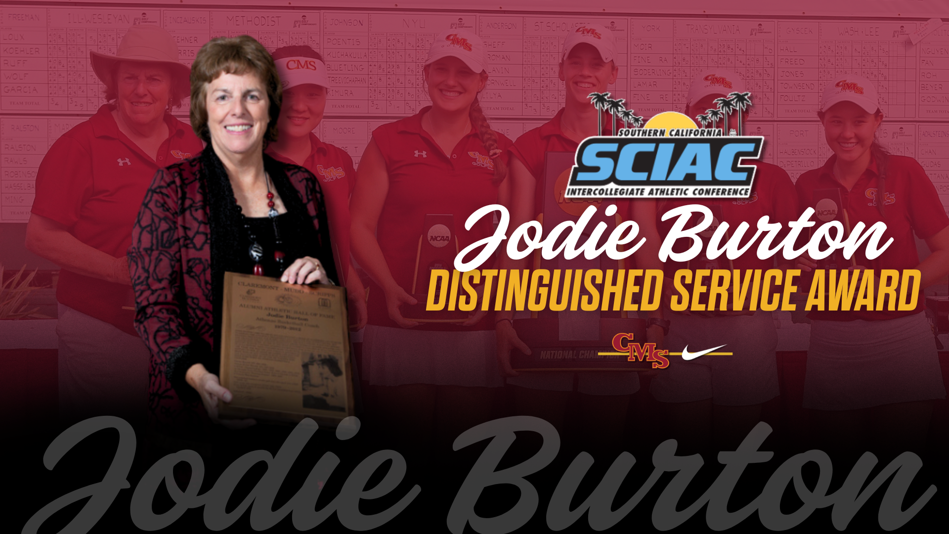 Jodie Burton holding her CMS Hall of Fame plaque, with her NCAA golf winning team photo as the background