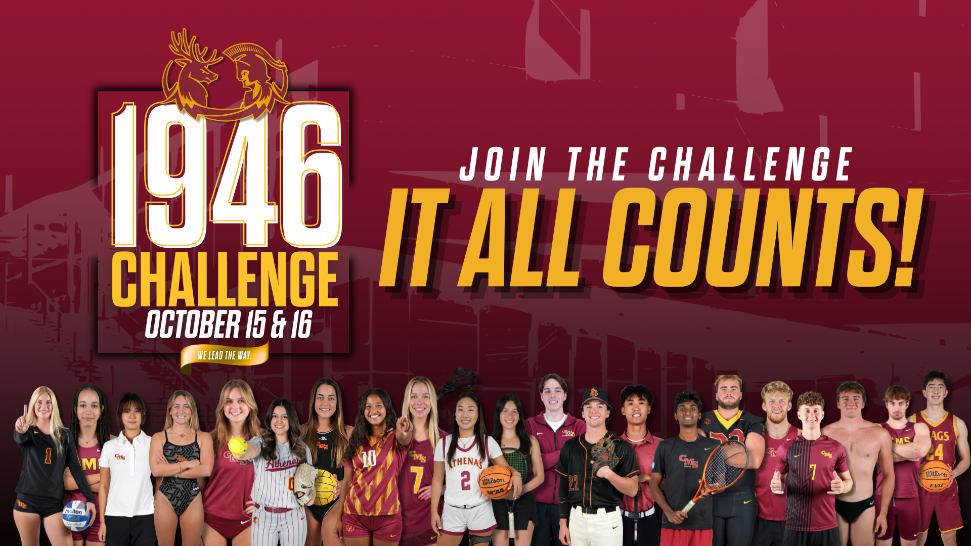 A posed shot of an athlete from all 21 CMS sports with the words 