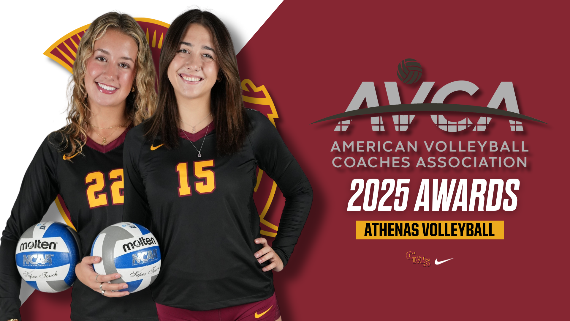 Posed shots of Brooke McKee and Phoebe Shorney with the AVCA logo