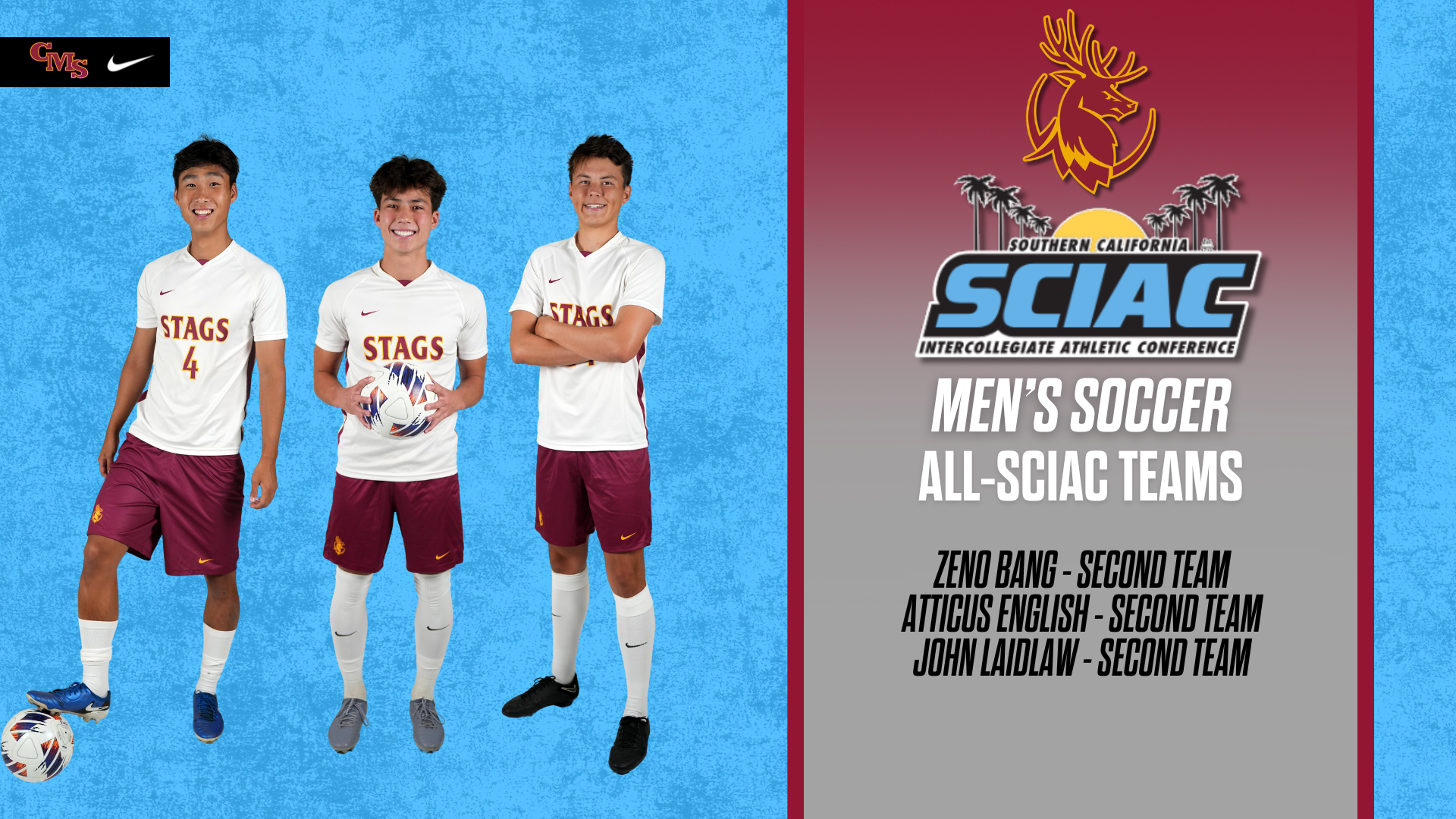 Posed shots of the CMS Men's Soccer All-SCIAC selections with the SCIAC Logo