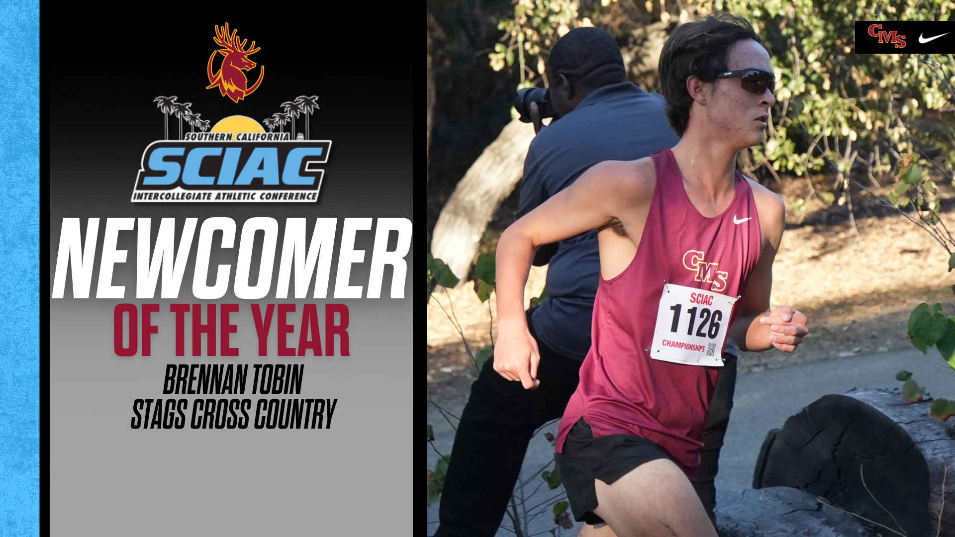 Brennan Tobin action shot with the SCIAC logo and words 