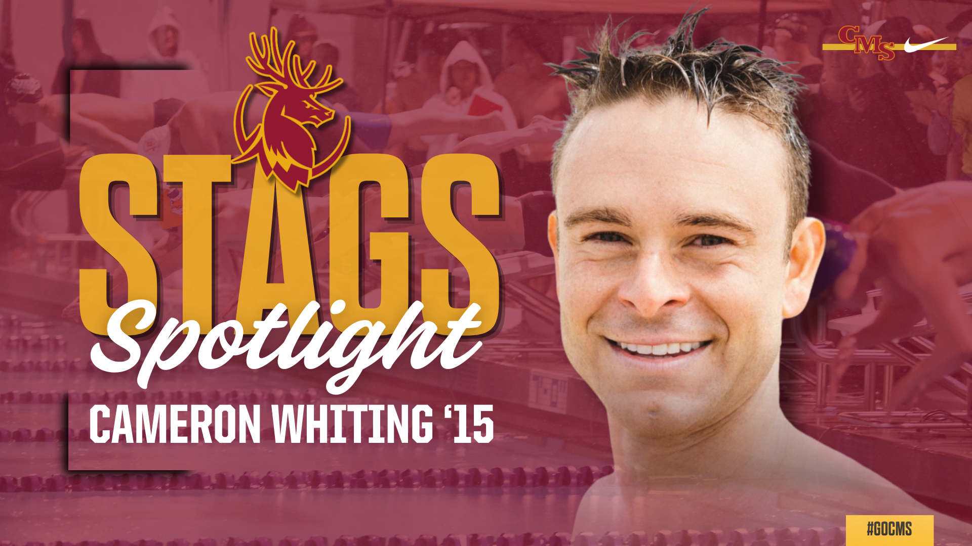 Cameron Whiting head shot and action shot with the words: Stags Spotlight, Cameron Whiting '15