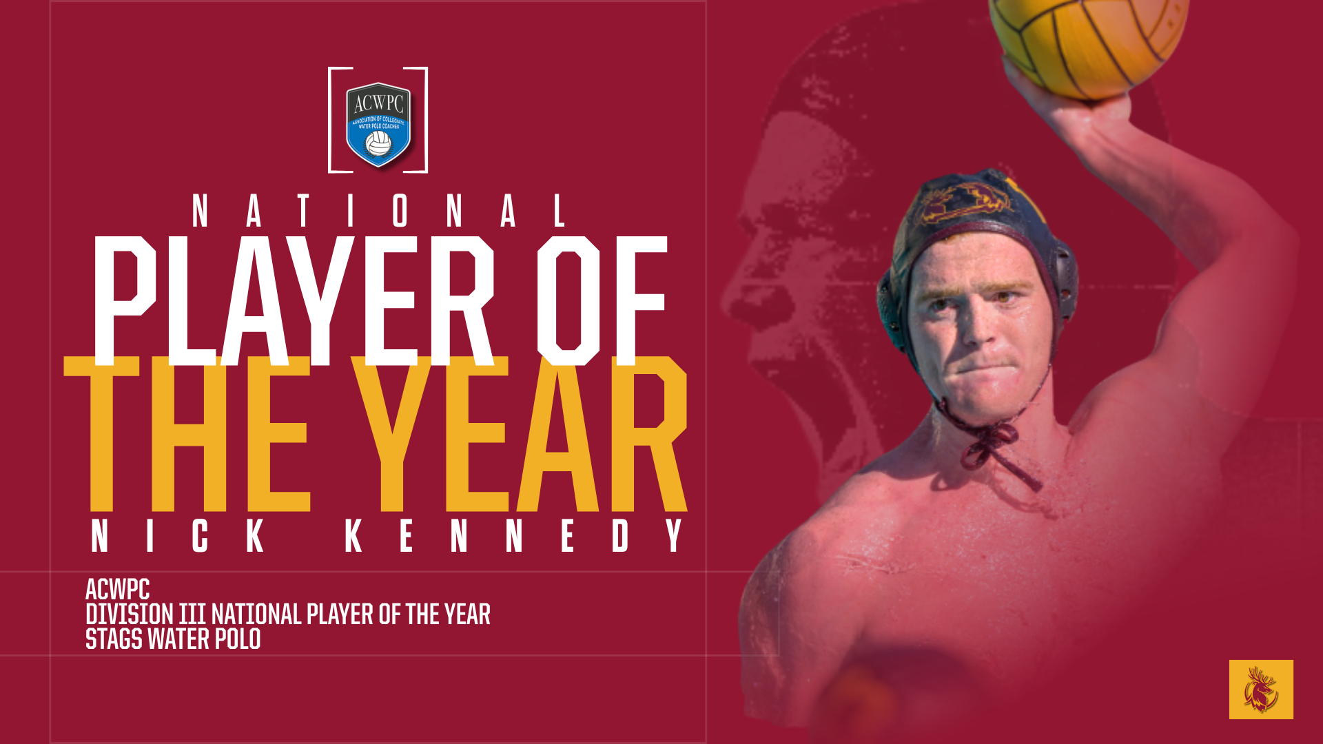 Nick Kennedy action shot and celebration shot with the words National Player of the Year and the ACWPC logo