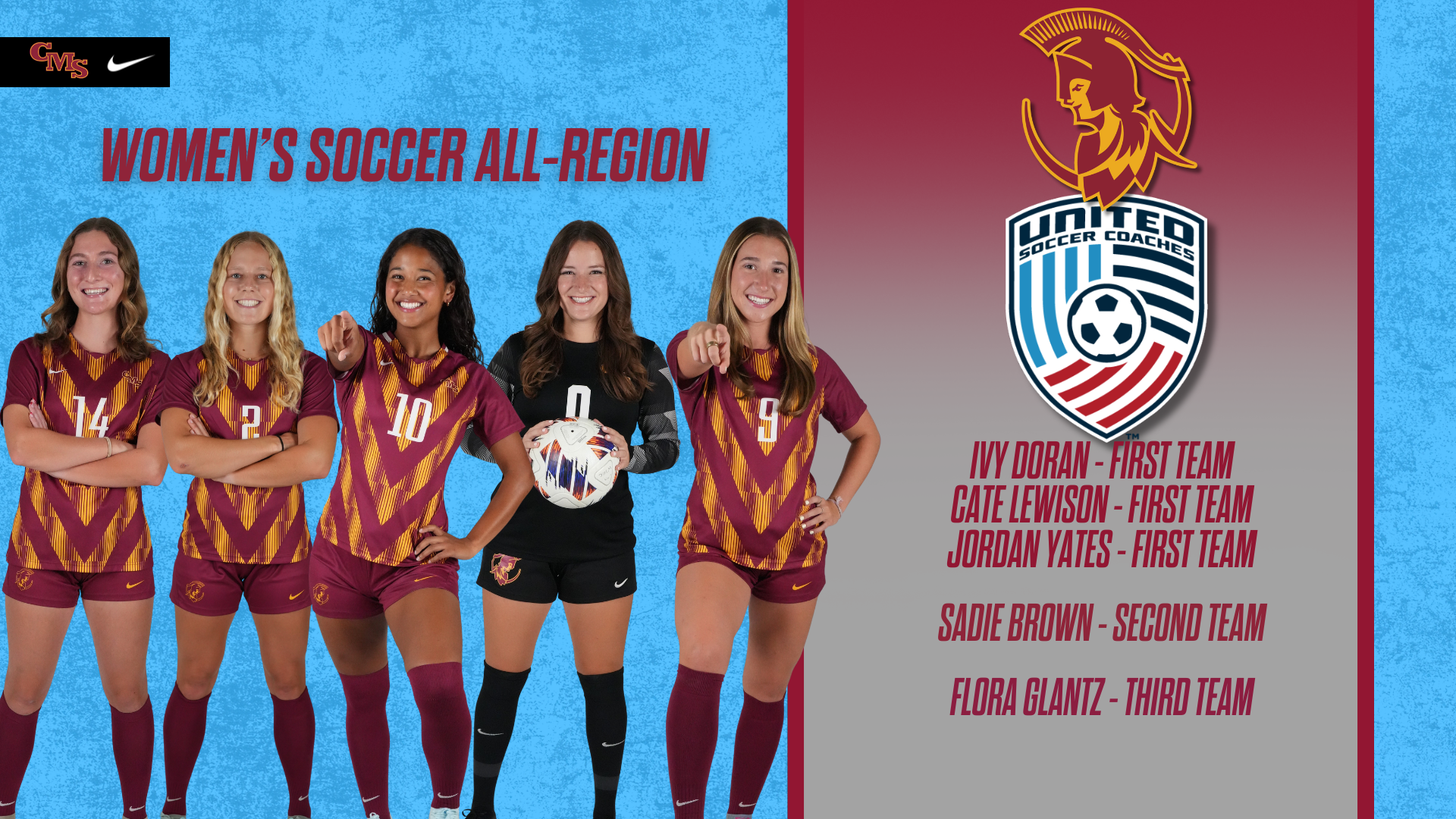 Women's Soccer All-Region winners posed shots with the United Soccer Coaches logo